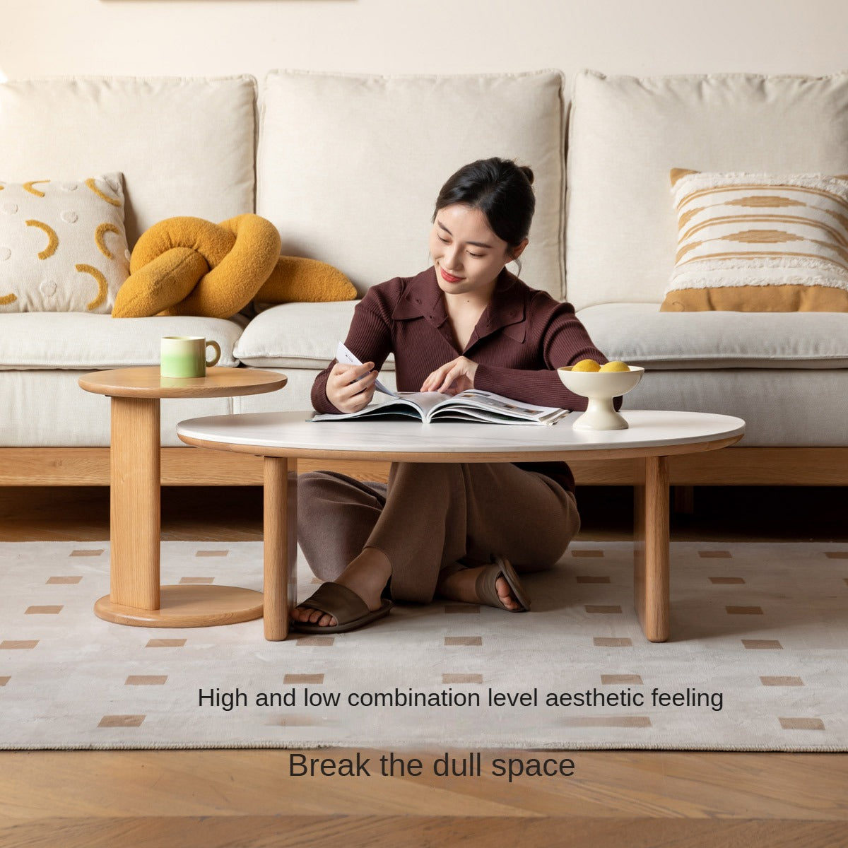 Solid Oak Wood Modern Rock Plate Coffee Table - Stylish Living Room Furniture for Home Decor & Relaxation