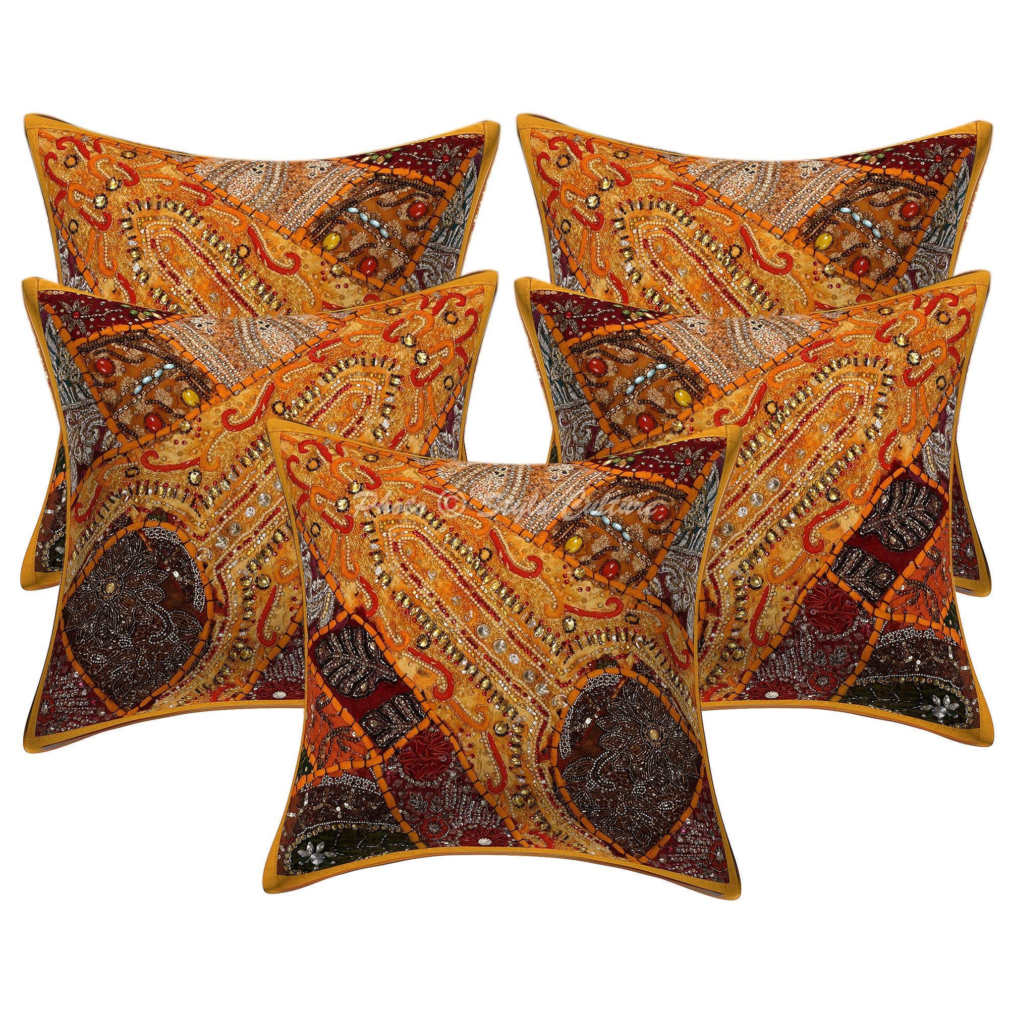 Bohemian Embroidered Cotton Throw Pillow Covers 16x16 Inch (40x40 cm) - Mango Yellow Beaded Sequins Patchwork Cushion Sham Set of 5 for Sofa, Couch, Living Room & Bedroom Decor
