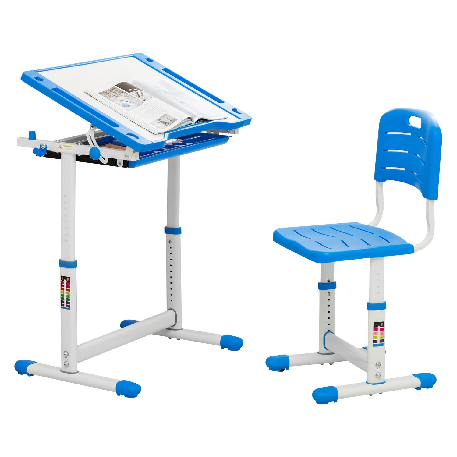 Adjustable Kids Desk and Chair Set - Ergonomic Study Table with Storage Drawer, Tilt Desktop & Metal Hook - Blue Children's Writing Desk for Home Schooling & Online Learning