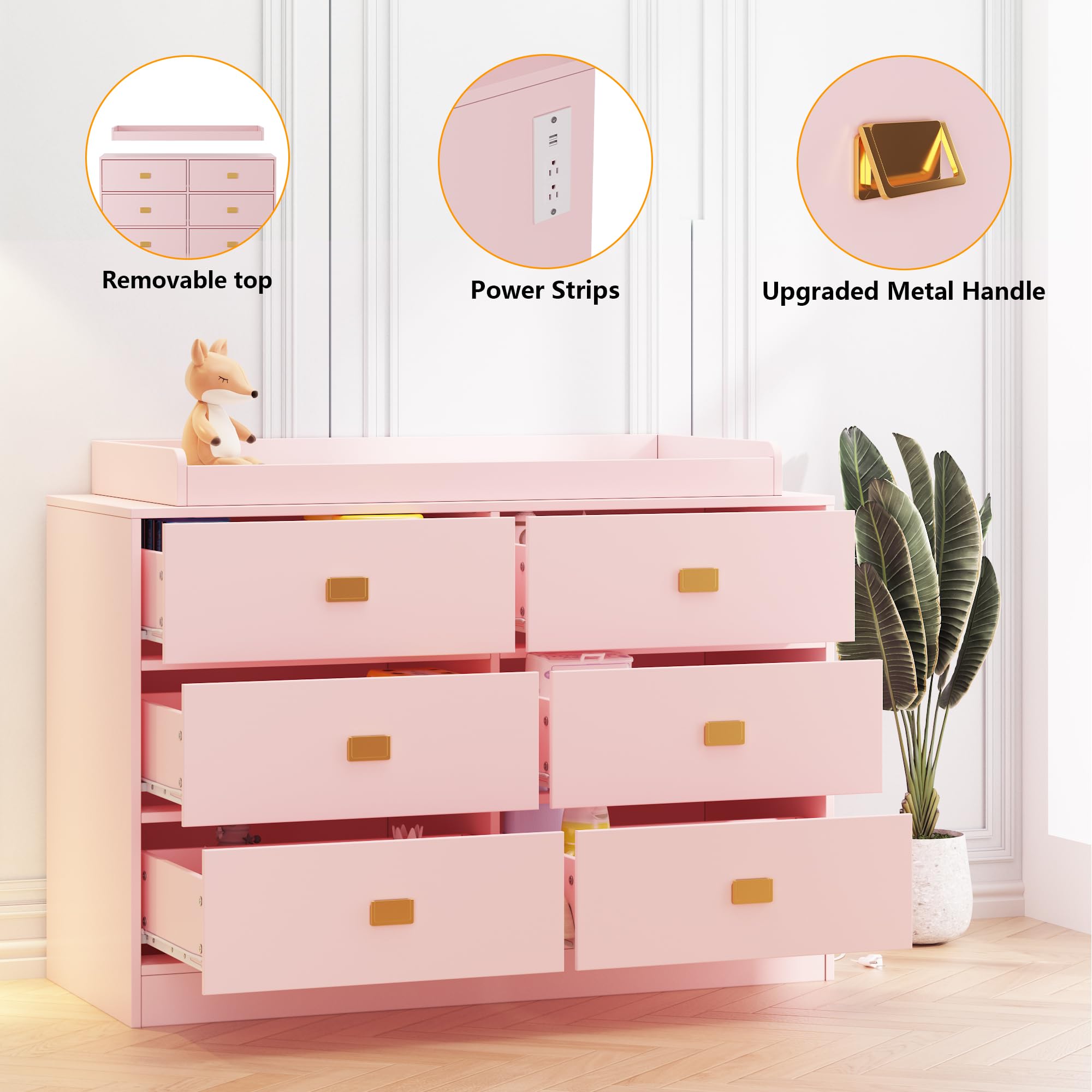 6-Drawer Nursery Dresser with Changing Table Top - Pink Baby Storage Organizer with Power Outlets & Removable Top | Perfect for Infant Bedrooms & Nursery Organization