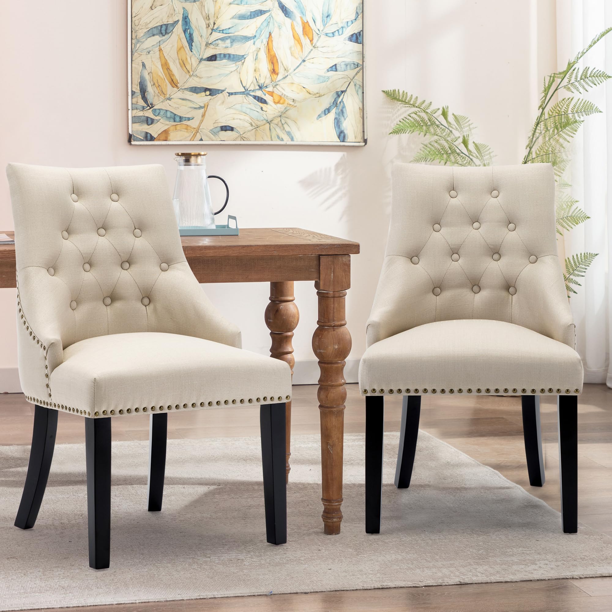 LSSBOUGHT Set of 2 Tufted Upholstered Dining Chairs with Padded Studded Design & Solid Black Wood Legs - Accent Armchairs for Living Room, Kitchen, Bedroom - Perfect for Home Decor, Dining Sets & Cozy Seating (Beige)