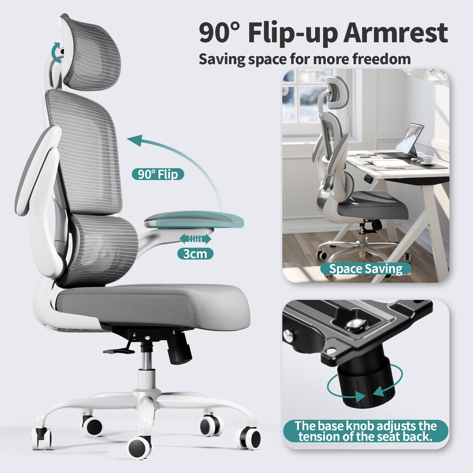 Ergonomic Mesh Office Chair with Wheels - 330 LBS Weight Capacity, High Back Support for Long Hours - Comfortable Gaming & Study Desk Chair for Home & Office Workspace (Grey) - Perfect for Remote Work, Online Classes & Extended Computer Use