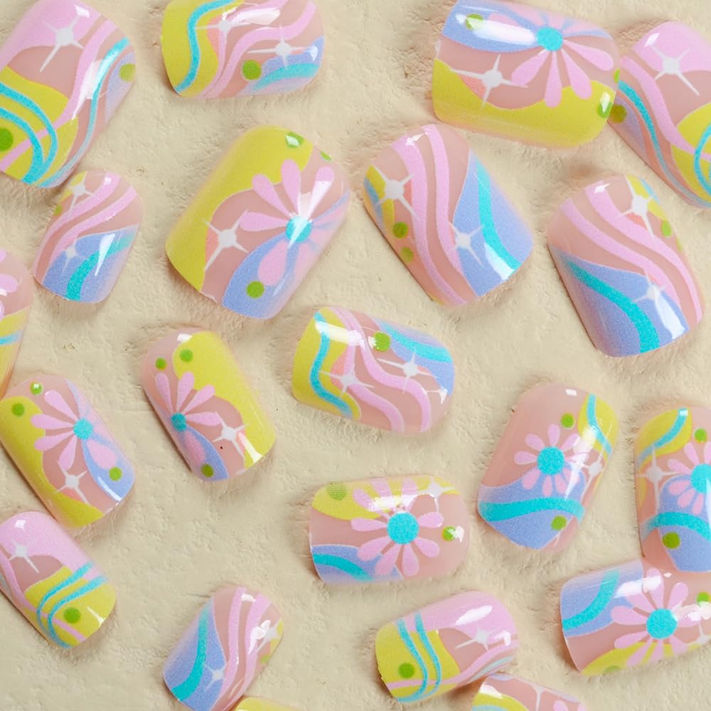 24-Piece Short Square Press-On Nails Set - Glossy Acrylic Full Cover Fake Nails with Rainbow Glitter | DIY Manicure for Women | Perfect for Parties, Weddings & Everyday Wear