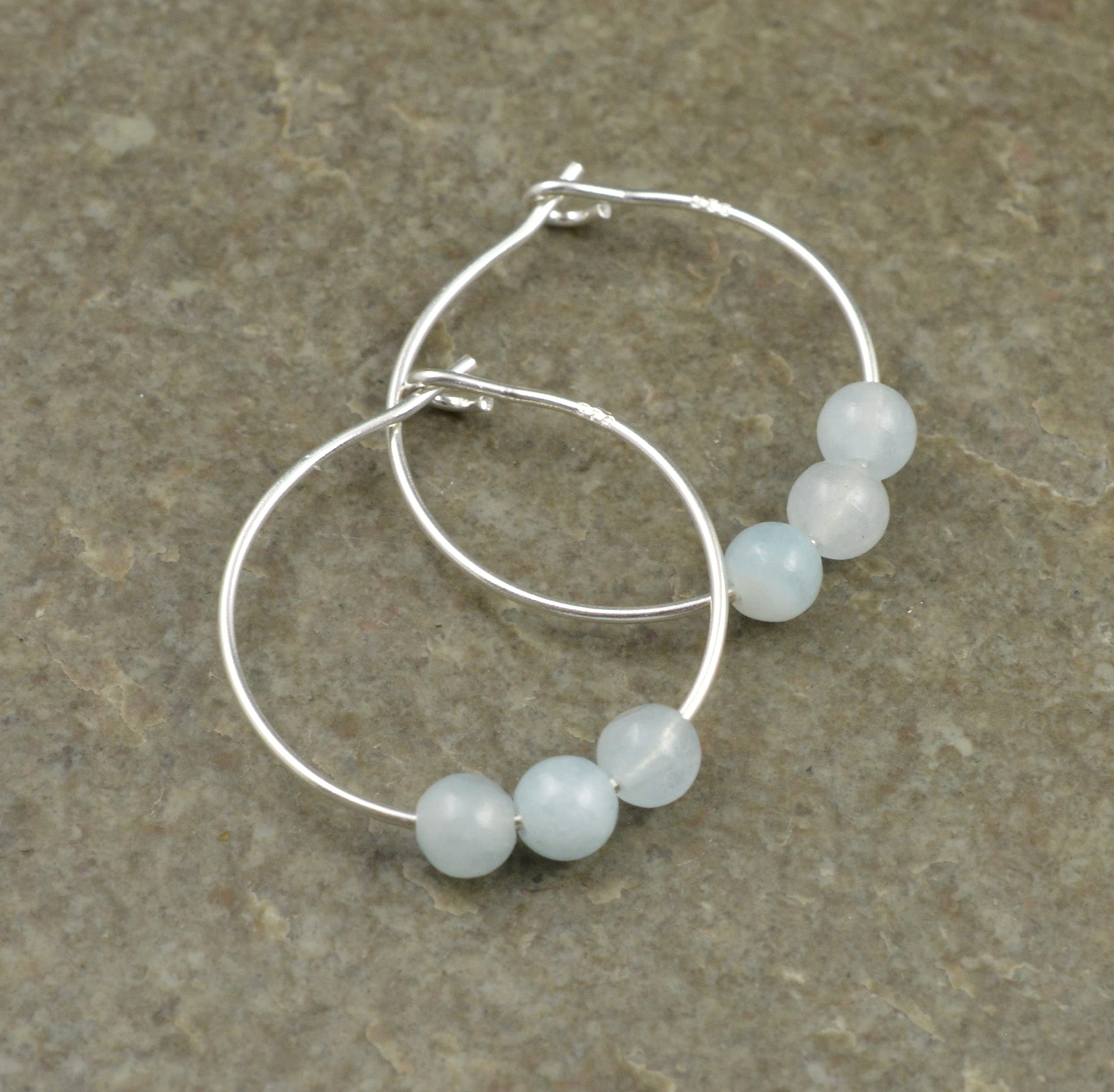 Pale Green Aquamarine Gemstone Sterling Silver Hoop Earrings 20mm - Elegant Dangle Earrings for Women with Gift Box - Perfect for Weddings, Parties & Everyday Wear