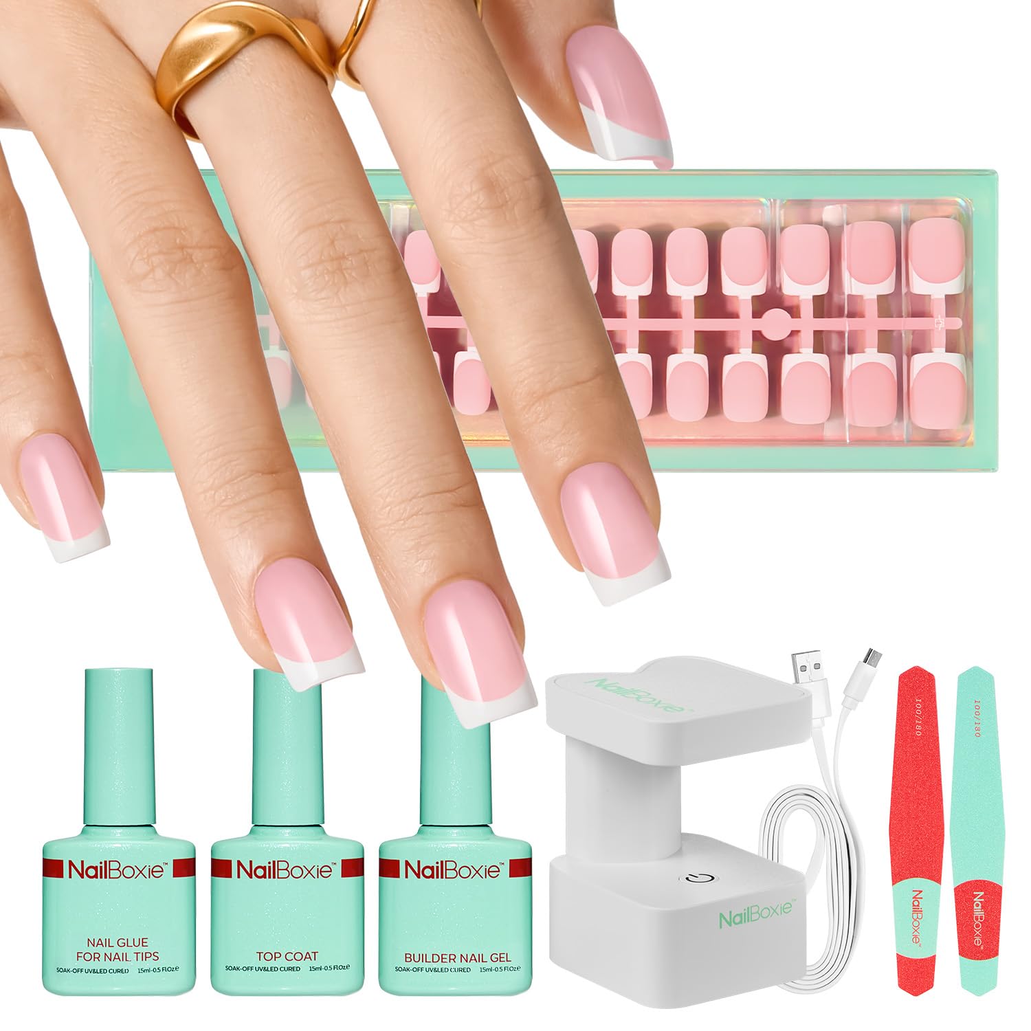 Modelones 160 PCS Short Brown Square French Tip Press On Nails Kit with LED Light, Top Coat & Nail Glue - DIY Nail Art for Home, Parties & Special Occasions