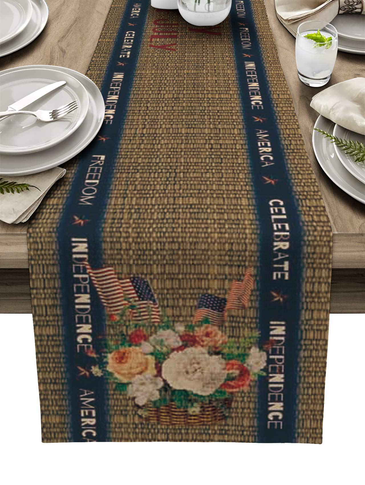 72 Inch Burlap Linen Table Runner - Independence Floral Basket Design for 4th of July Decor, Farmhouse Striped Table Scarf for Kitchen, Dining, Coffee Tables & Banquet Events | Rustic Home & Party Decoration