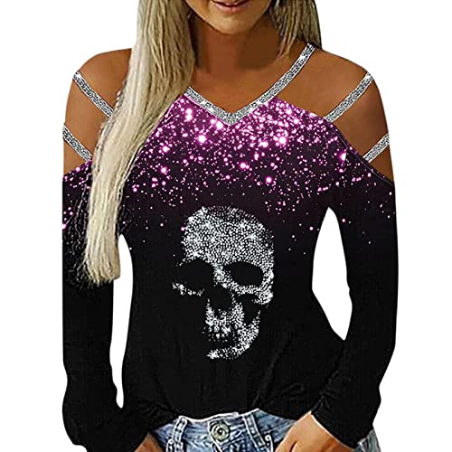 Women's Long Sleeve V-Neck Cold Shoulder Glitter Printed T-Shirt - Casual Blouse Top for Women (Pink, XXL) | Perfect for Parties, Dates & Everyday Wear