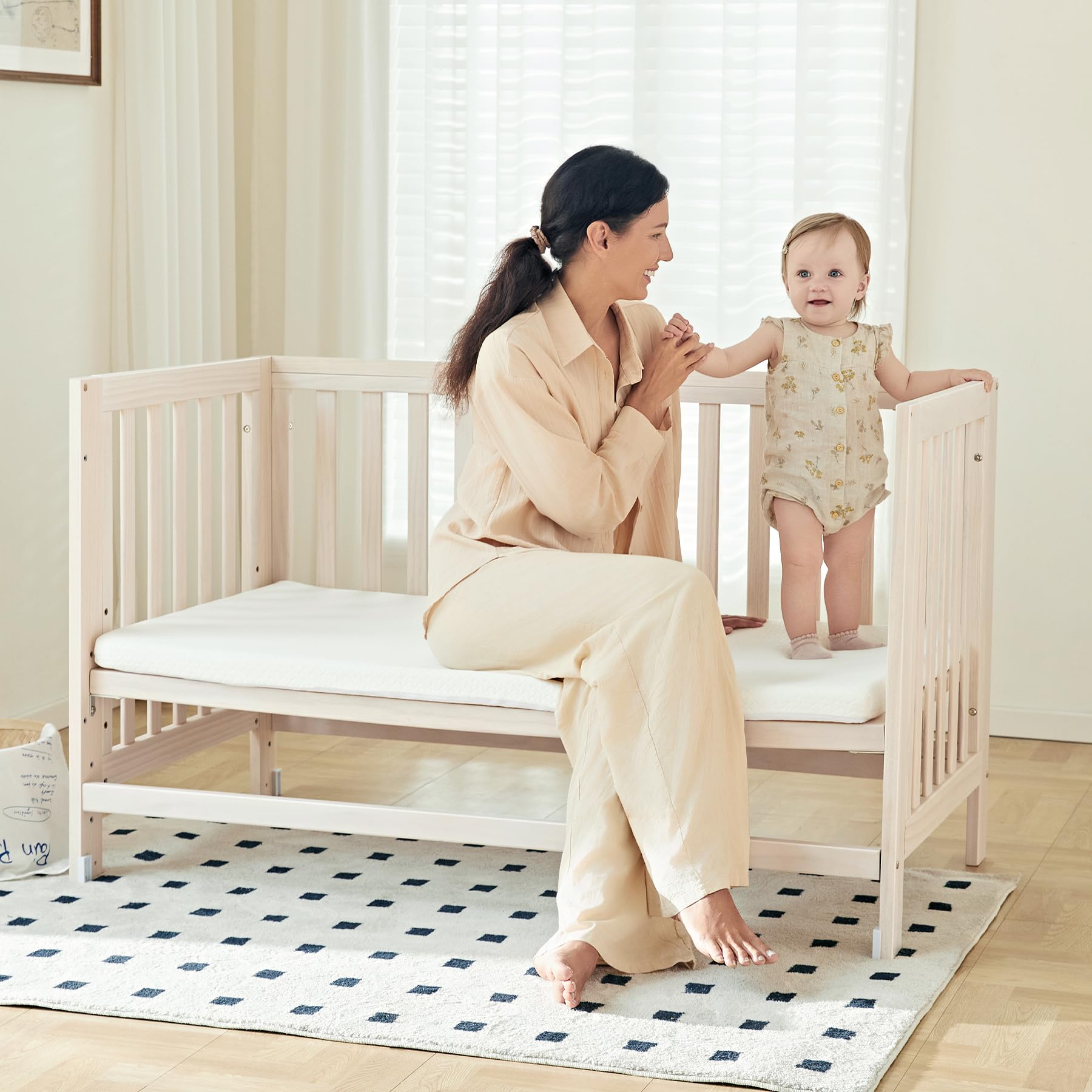 EvoNest 11-in-1 Convertible Baby Crib with Wheels | 100% New Zealand Pinewood | 4 Adjustable Mattress Heights | Washable Natural Finish | Mini Crib for Nursery, Bedroom & Small Spaces