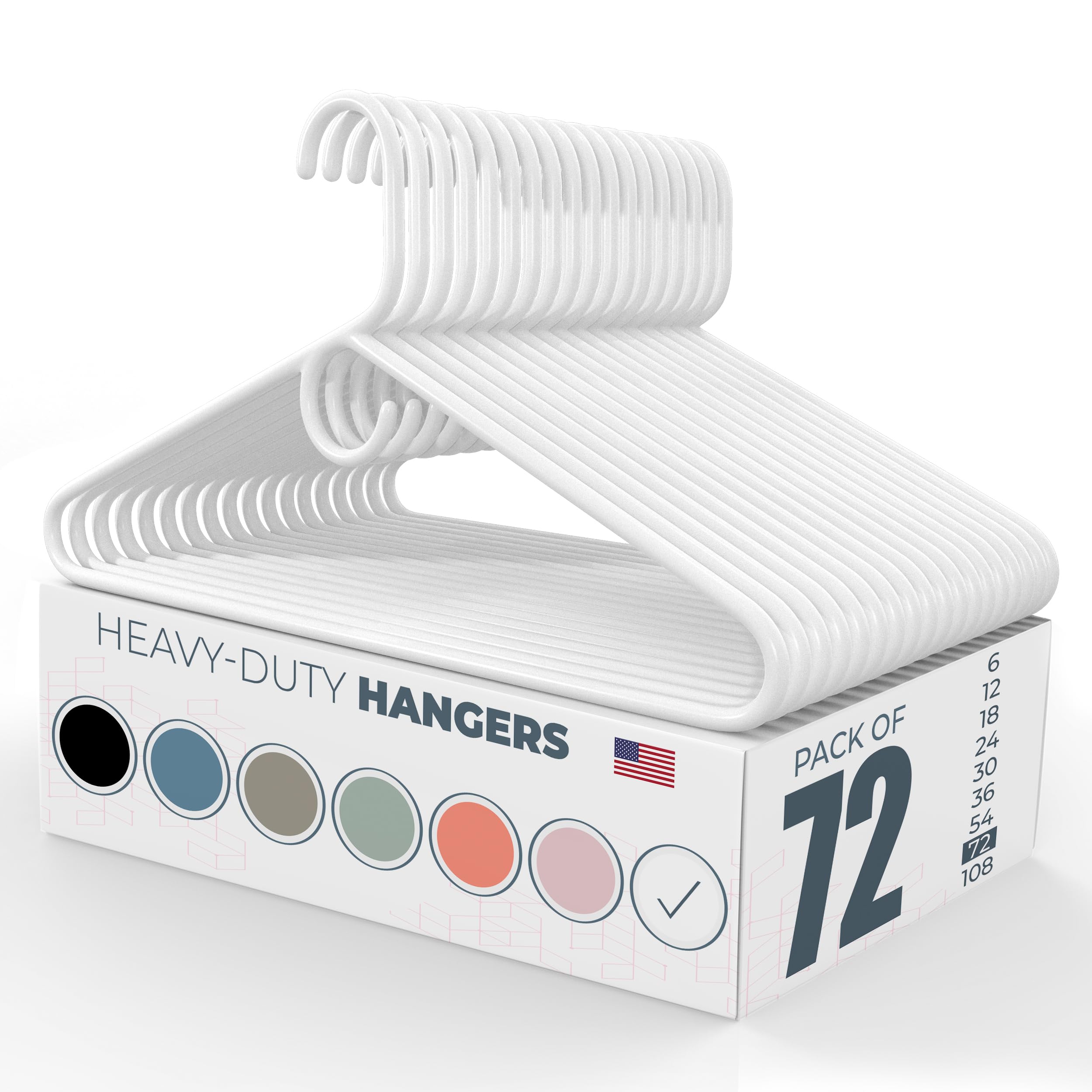 USA Made Heavy Duty Plastic Clothes Hangers Bulk Pack - 20/30/50/100 Pack Options - Strong Thick Plastic Coat Hangers for Jackets & Closet Organization - Durable Wardrobe Essentials (72pk White) - Perfect for Retail Stores, Laundry Rooms & Home Closet Storage