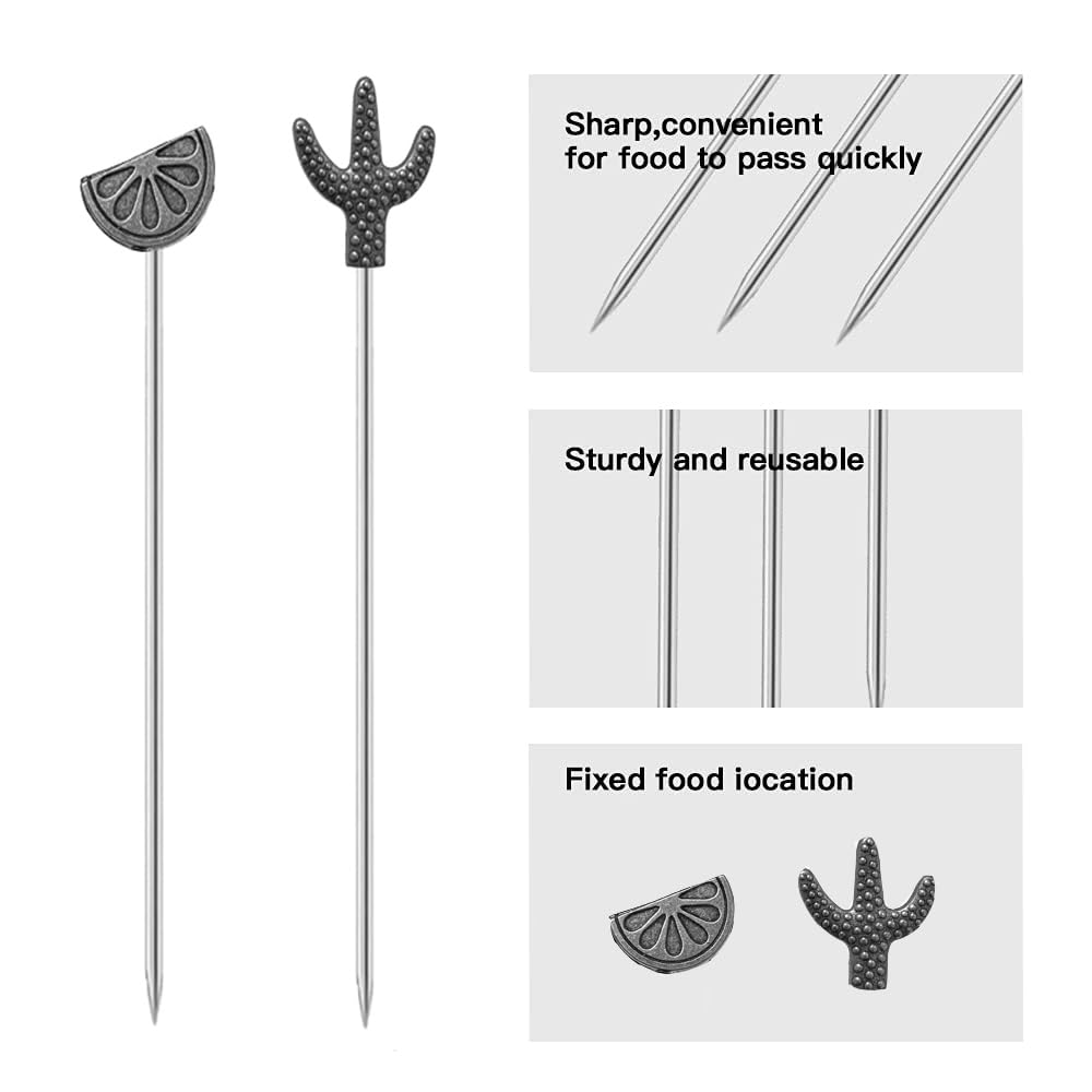 Premium Stainless Steel Cocktail Picks - Set of 8 Reusable Drink Skewers for Garnishing Cocktails, Bloody Mary, Appetizers, Olives & Fruits | Elegant Antique Silver Finish | Perfect for Home Bars, Parties & Entertaining
