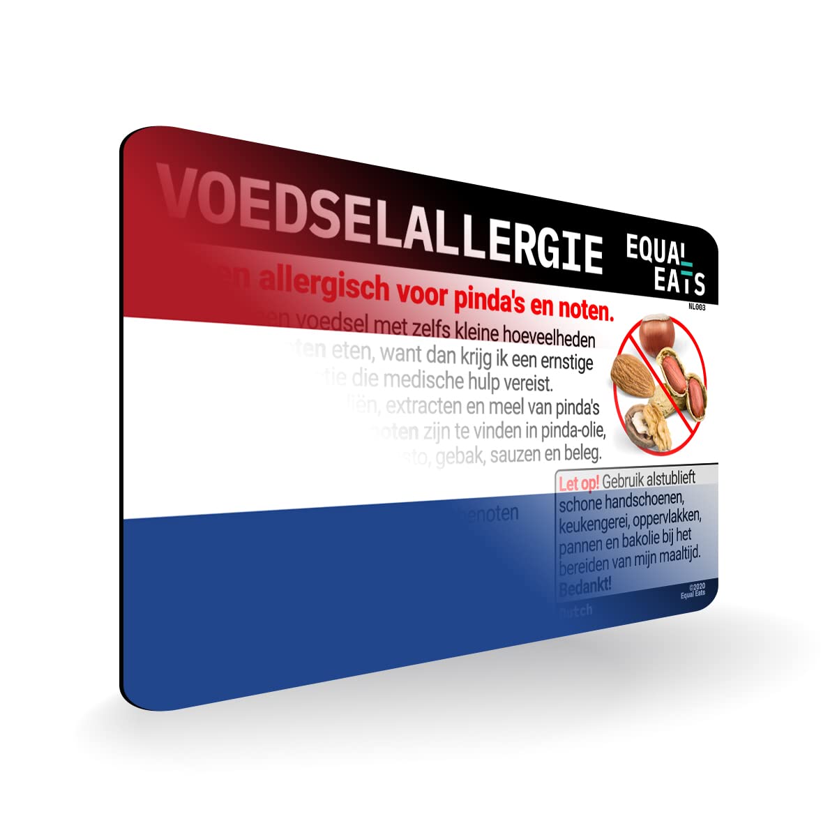 Peanut and Tree Nut Allergy Translation Card - Dutch Language Plastic Restaurant & Travel Card for Food Allergies by Equal Eats | Essential for Dining Out & International Travel