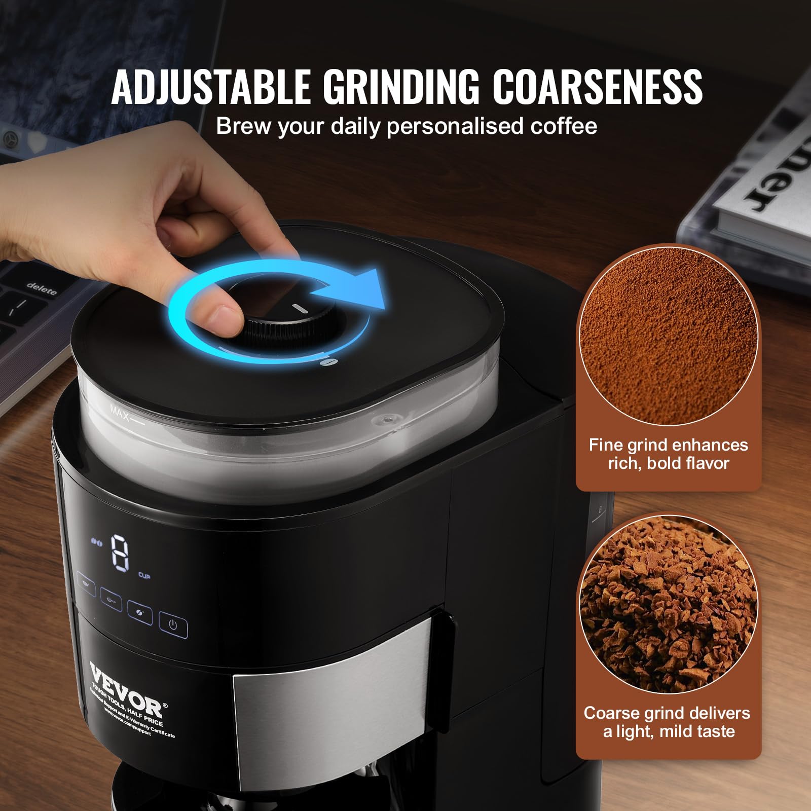 VEVOR 8-Cup Programmable Coffee Maker with Built-in Grinder - 3 Brew Strength Control, Reusable Filter & Removable Water Tank - Perfect for Home, Office & Restaurant Use - Freshly Ground Coffee Anytime
