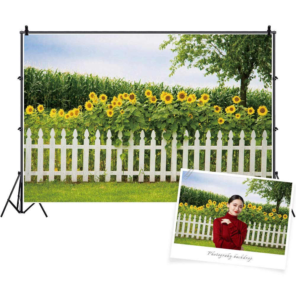 Baocicco 7x5ft Sunflower Garden Backdrop with Green Grassland & White Fence - Spring Summer Wedding Photo Booth Props for Children & Adults - Perfect for Outdoor Events, Birthday Parties, and Holiday Photography