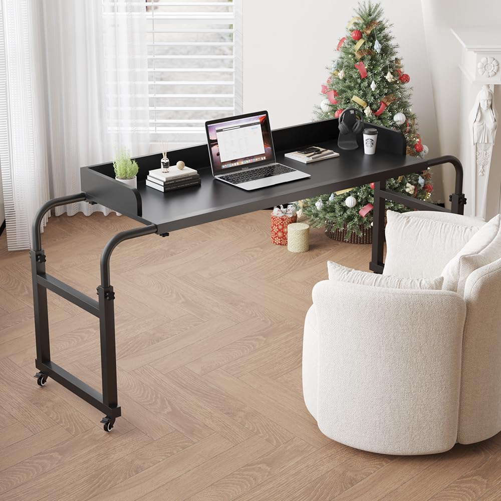 Adjustable Height Overbed Table with Wheels - Heavy Duty Metal Leg Laptop Desk for Bed, Recliner, or Sofa - Perfect for Working, Eating, or Reading in Bed (Black) - Fits Queen & King Size Beds