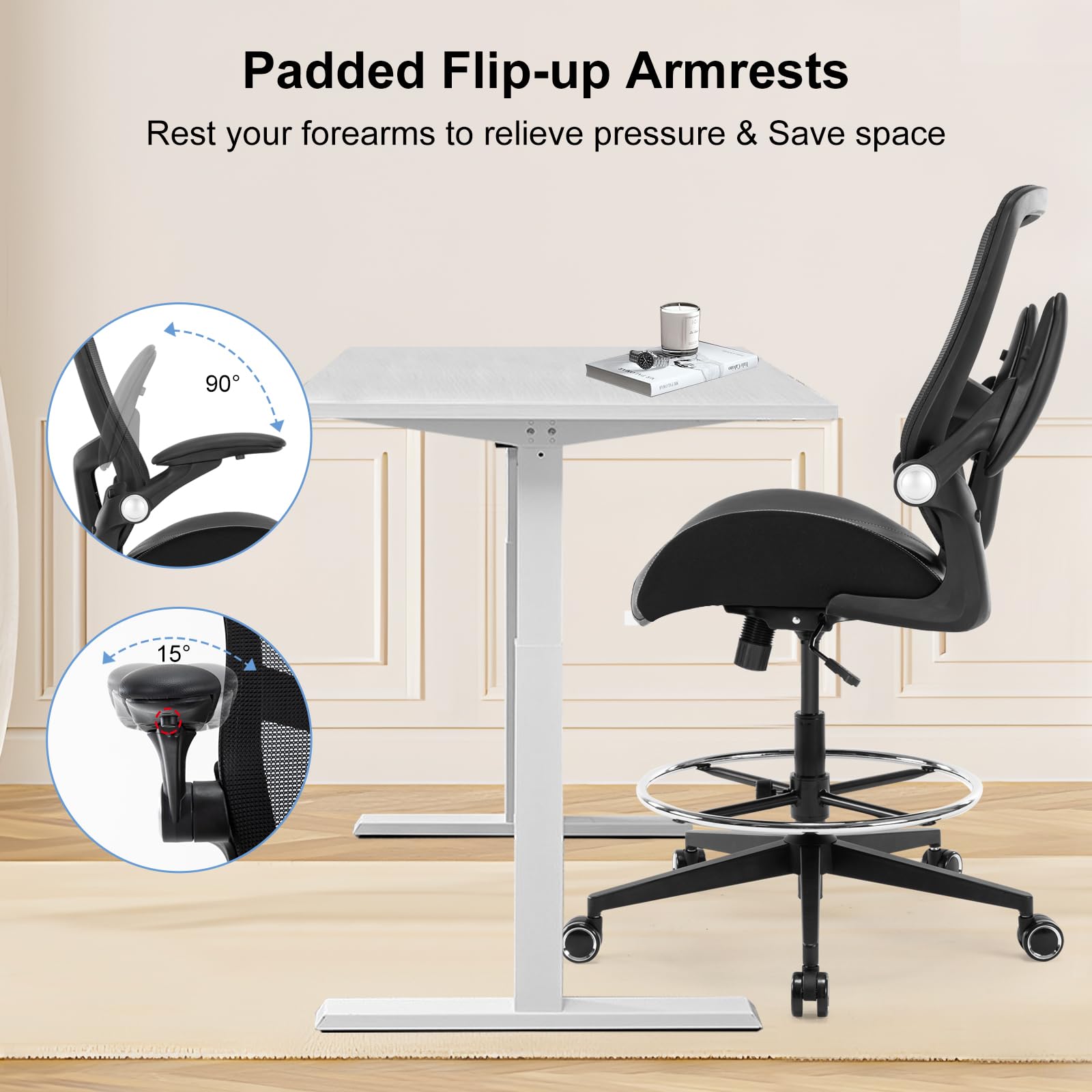 Ergonomic Drafting Chair - Adjustable Height Tall Office Chair with Flip-Up Armrests, Footrest & Lumbar Support - Perfect for Standing Desks, Artists & Drafting Tables - Black