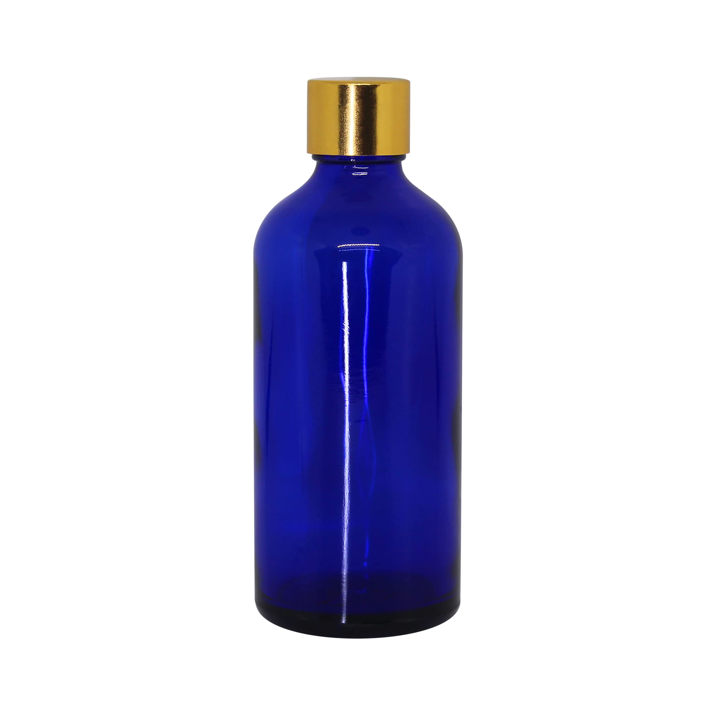 NSB Herbals 100ml Cobalt Blue Round Empty Glass Bottle with Gold Seal Cap & Safety Plug - Refillable, Reusable, Leak Proof for Essential Oils, Perfumes, Face Serums & DIY Blends - Perfect for Aromatherapy, Travel & Home Storage