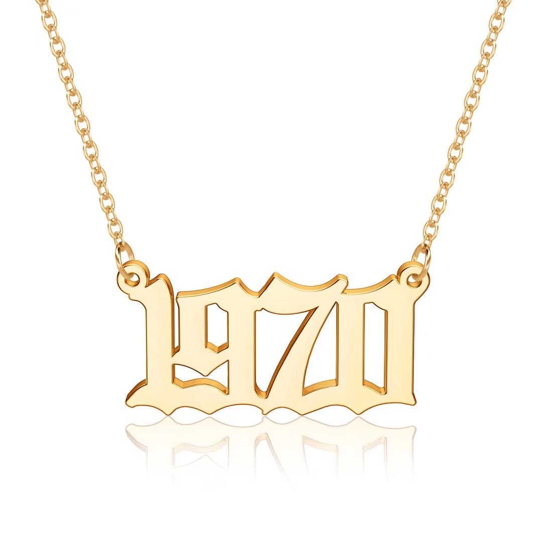 18K Gold Plated Old English Birth Year Necklace for Women - Personalized Number Pendant Jewelry Gift (1970-2021) | Birthday, Anniversary, Mother's Day Present | Perfect for Special Occasions & Everyday Wear