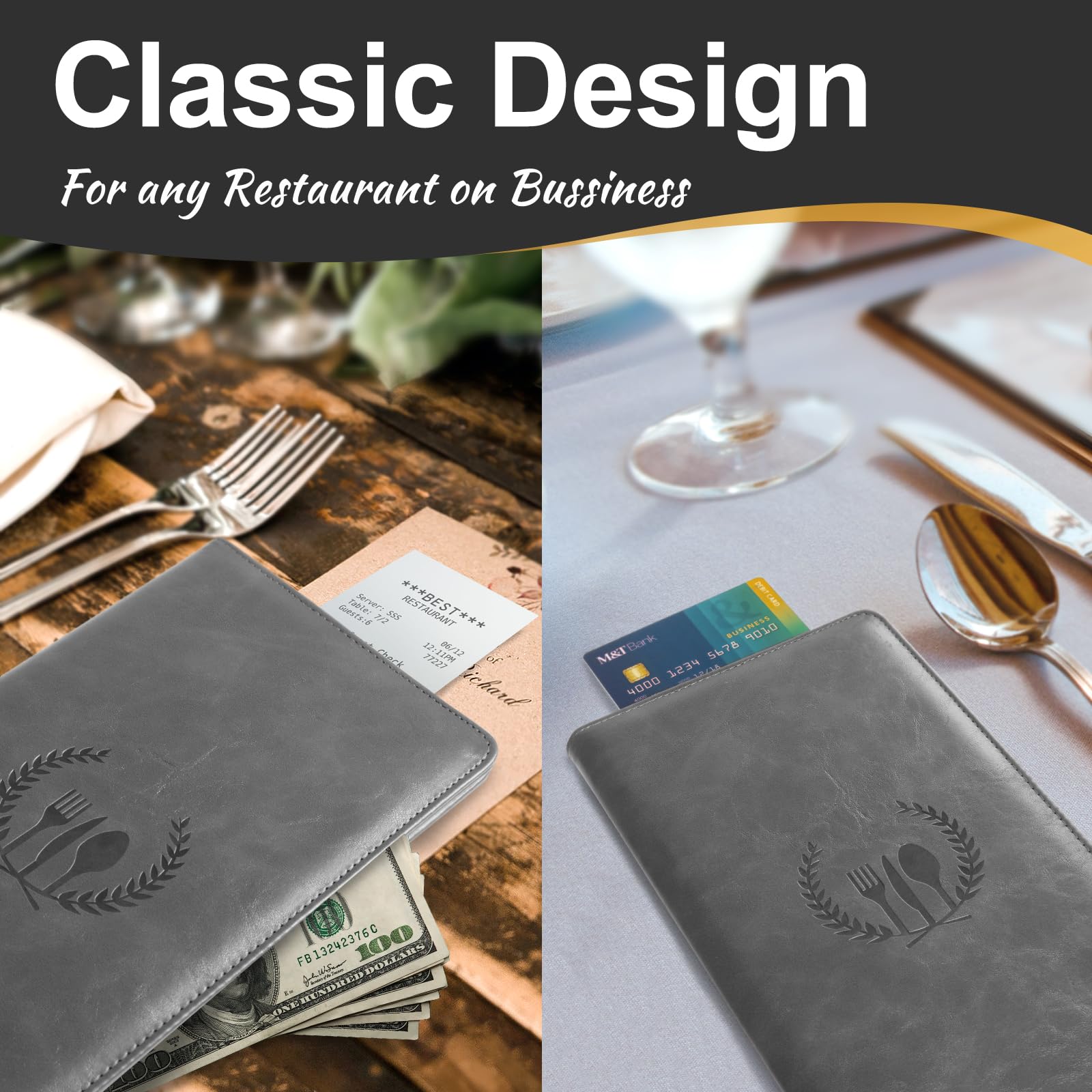 Cobak Restaurant Check Presenters - 20 Pack Gray Leather Bill Holders for Waiters, Customer Check Holders - Perfect for Restaurants, Cafes, and Bars