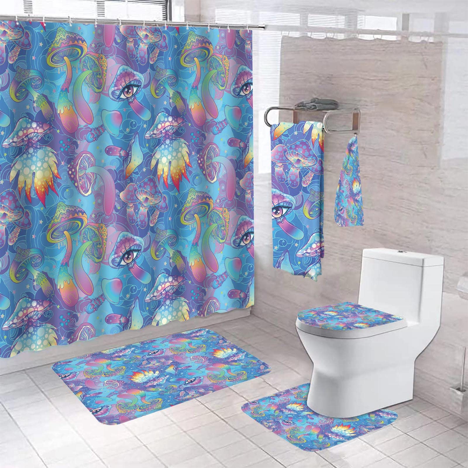 Funny Colorful Mushroom Shower Curtain Set - 18 Piece Bathroom Decor with Microfiber Hair Towel, Large Towel & 12 Hooks (72x72 inches) - Hippie Style Bathroom Accessories for Boho & Vintage Themed Bathrooms