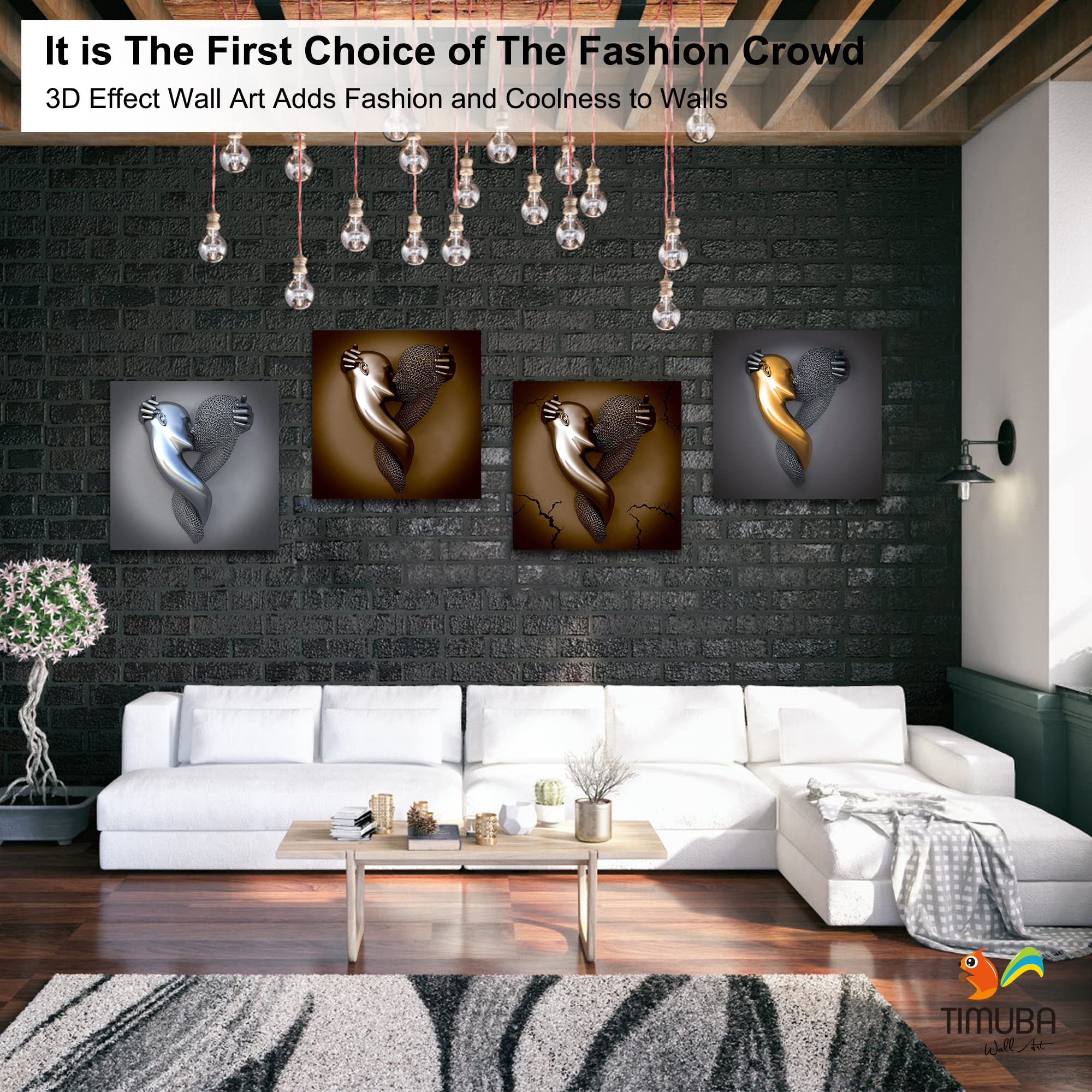 4 Piece Set 3D Canvas Wall Art - Love Heart Gray Modern Framed Painting for Bedroom Decor, Hugging Couple & Kissing Design (20”x20”x4Pcs) | Perfect for Home, Living Room, Wedding Gift & Romantic Interior Design