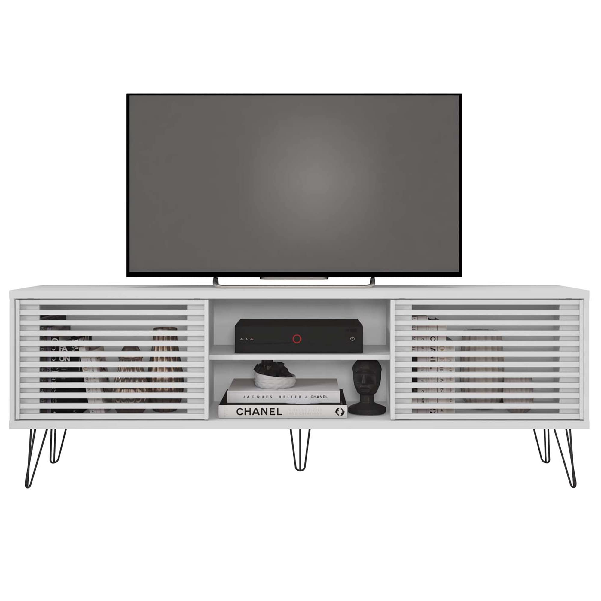 Better Home Products 70 Inch Mid-Century Modern TV Stand - White Wooden Entertainment Center for Living Room, Bedroom & Home Theater