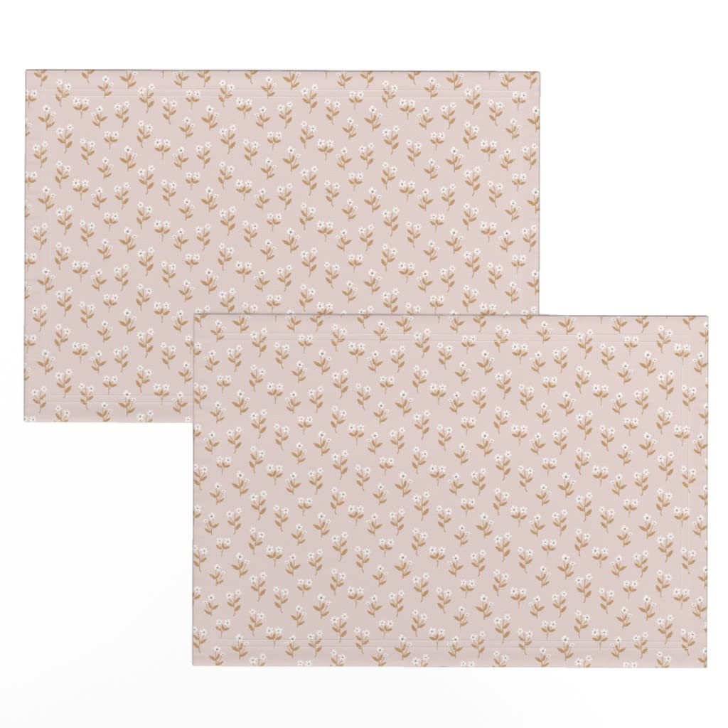 Linen Cotton Canvas Placemats Set of 2 - Soft Pink Floral Pattern Spring Summer Table Mats | Washable & Durable Dining Table Decor for Kitchen, Breakfast, Picnic, Party