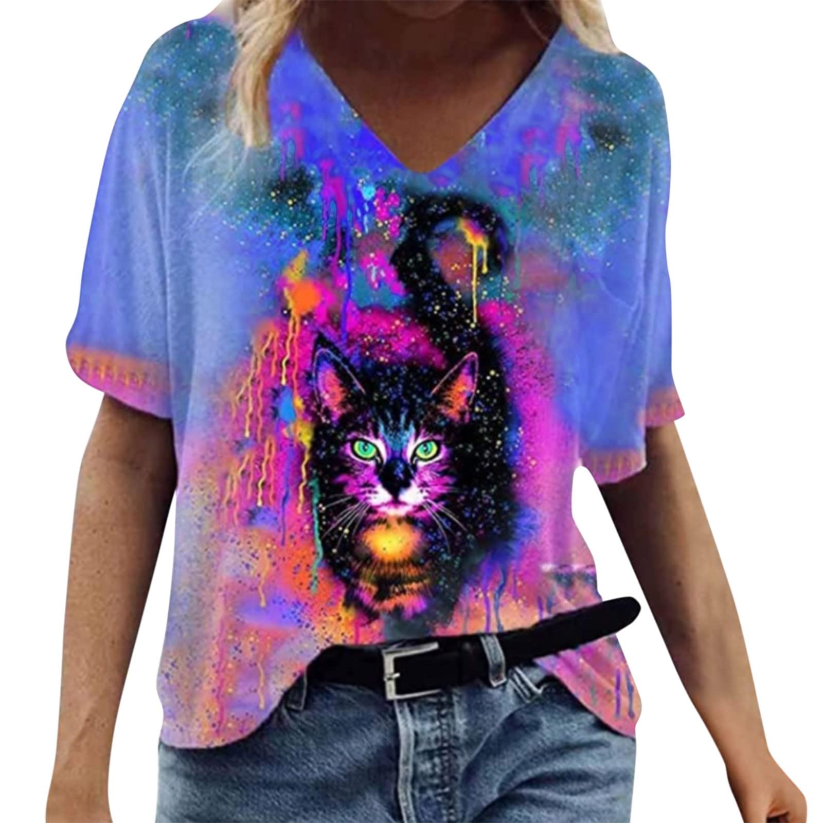Women's Casual Short Sleeve Printed Tee Shirt with Button - Summer Fashion Trendy Top for Everyday Wear, Outings & Office Outfits