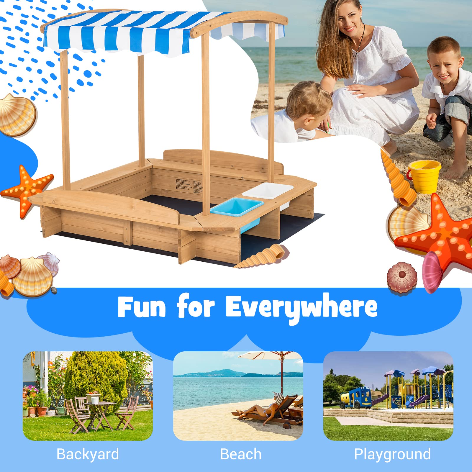 **HONEY JOY Kids Sandbox with Canopy - Outdoor Wooden Sand Pit with Liner, 2 Storage Bins & Built-in Benches - Square Backyard Sandbox for Toddlers & Children - Perfect for Playtime, Sensory Activities & Outdoor Fun**