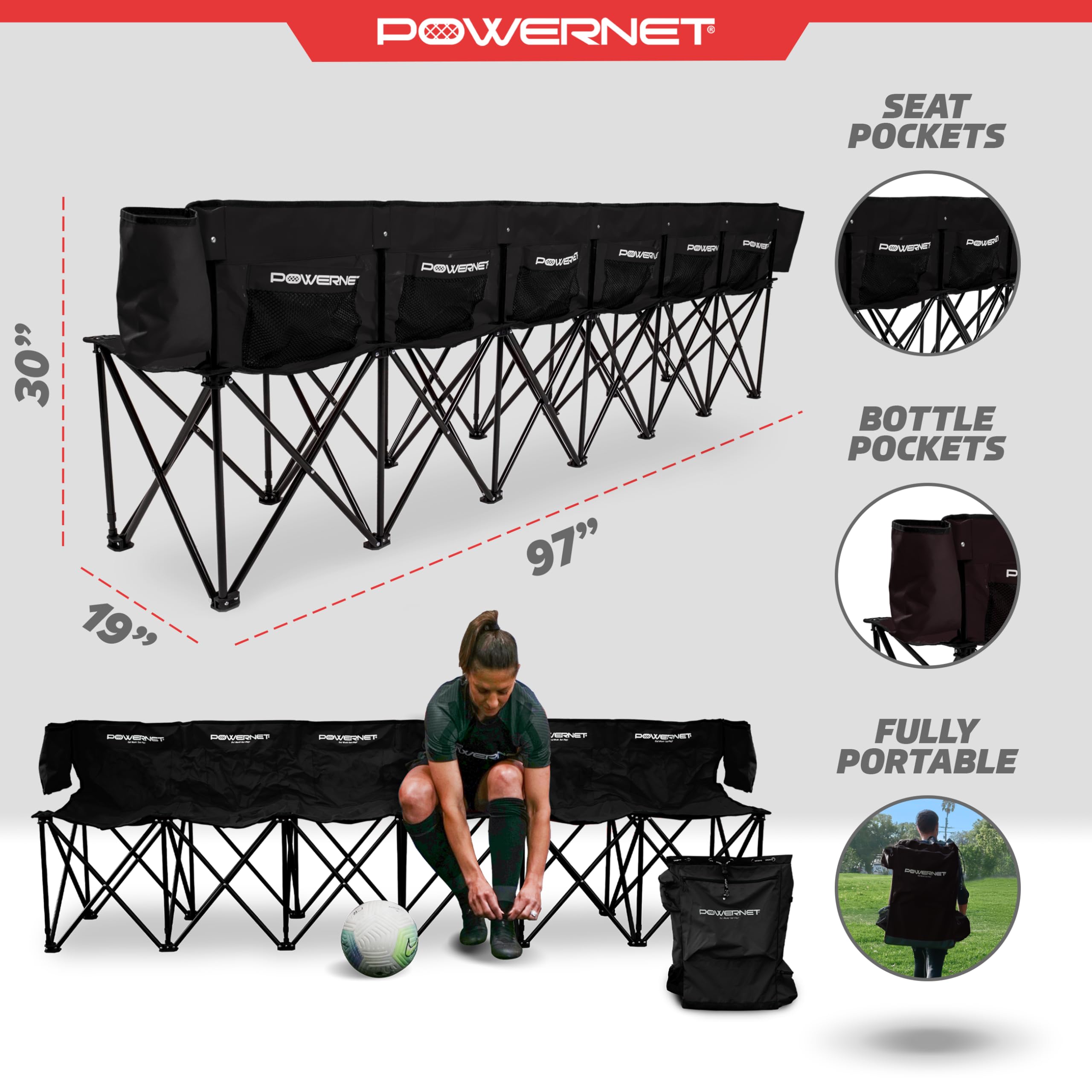 Carli Lloyd 6-Seater Team Bench with Backpack Carry Bag - Ultra Portable Folding Bench for Soccer, Basketball, Football Practice & Games - Perfect for Team Sports, Outdoor Training & Sideline Seating