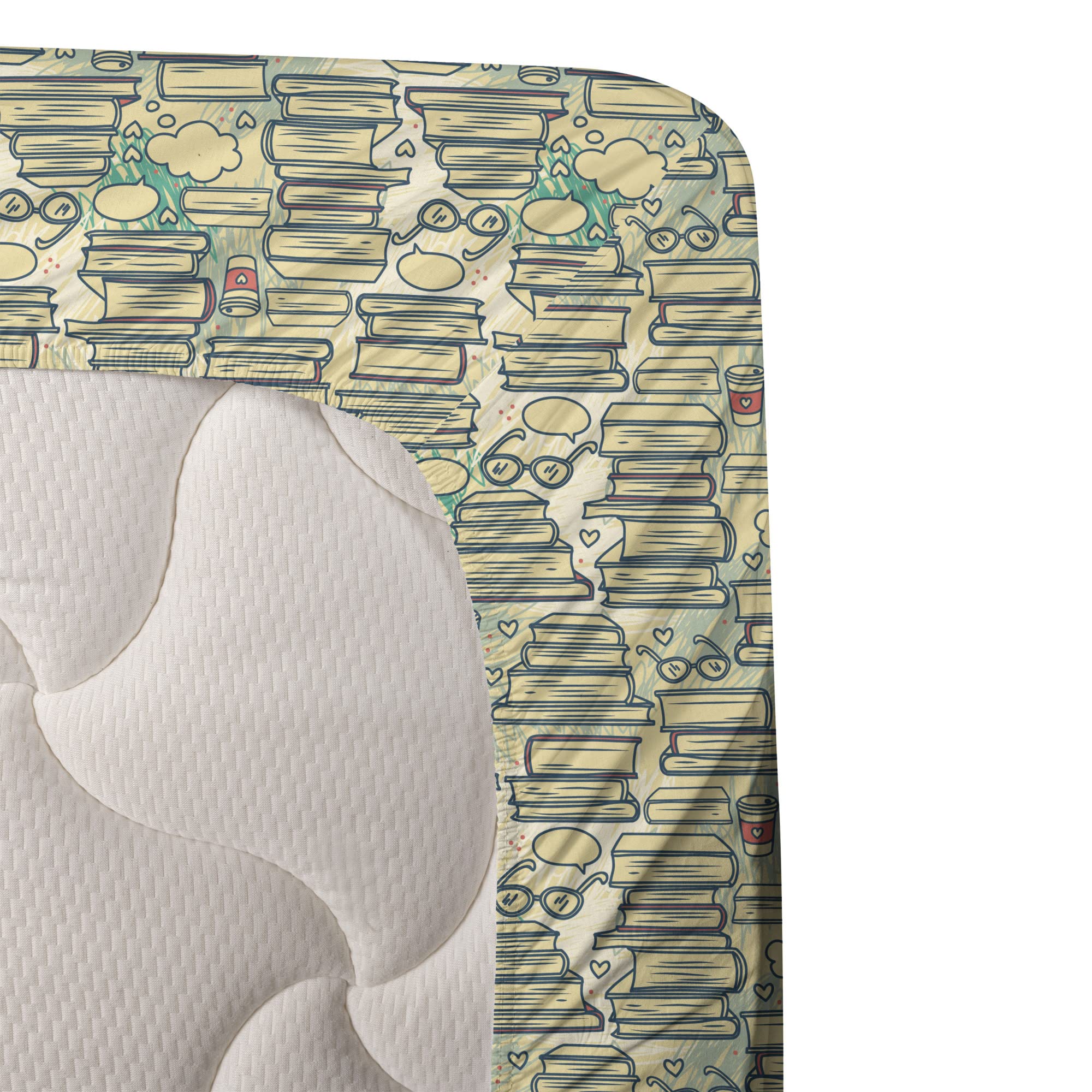 Ambesonne 4-Piece Book Lover Bedding Set - Stacks of Books with Thought Bubbles, Glasses & Coffee Cups Design - Fitted Sheet, Flat Sheet & 2 Pillowcases - Cream Almond Green - Perfect for College Dorms, Reading Nooks & Bookworm Bedrooms