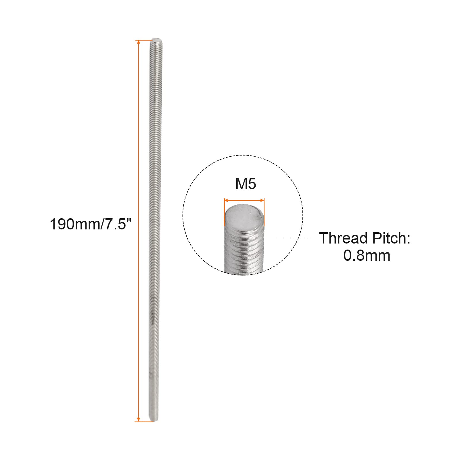 304 Stainless Steel Threaded Rod M5 x 190mm - 5 Pack for Clamps & U-Bolts