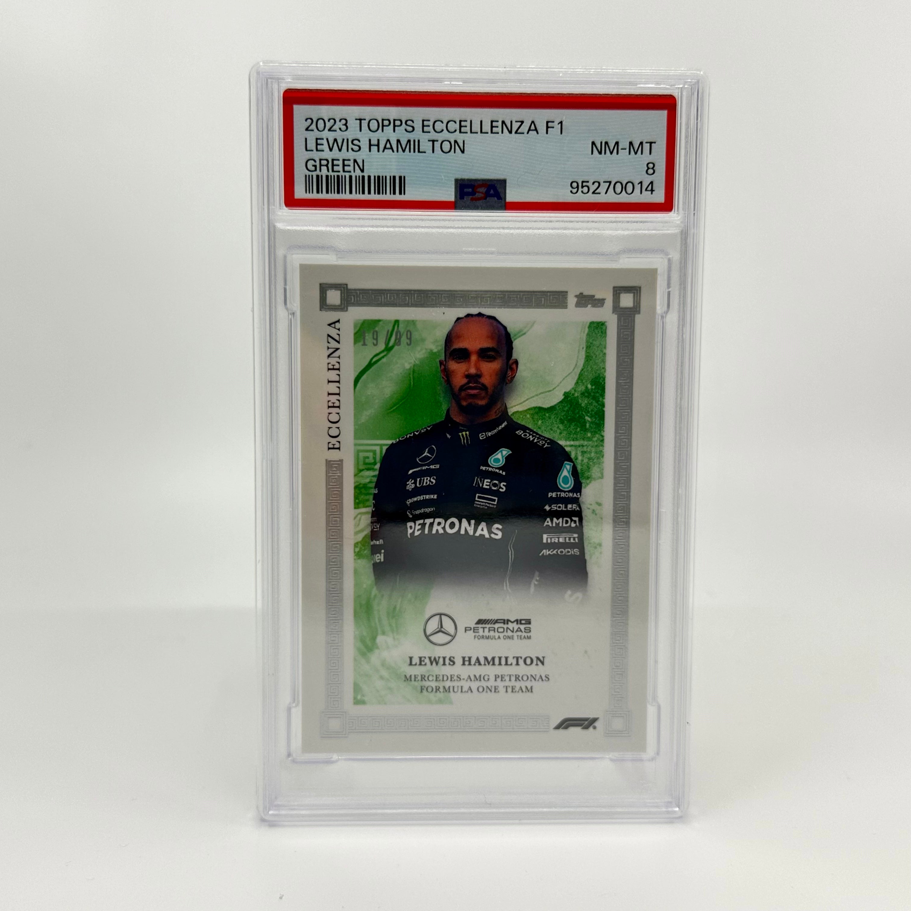 PSA 8 Graded 19/99 Lewis Hamilton Green 2023 Eccellenza Racing Card - Perfect for Collectors, Sports Memorabilia & F1 Fans