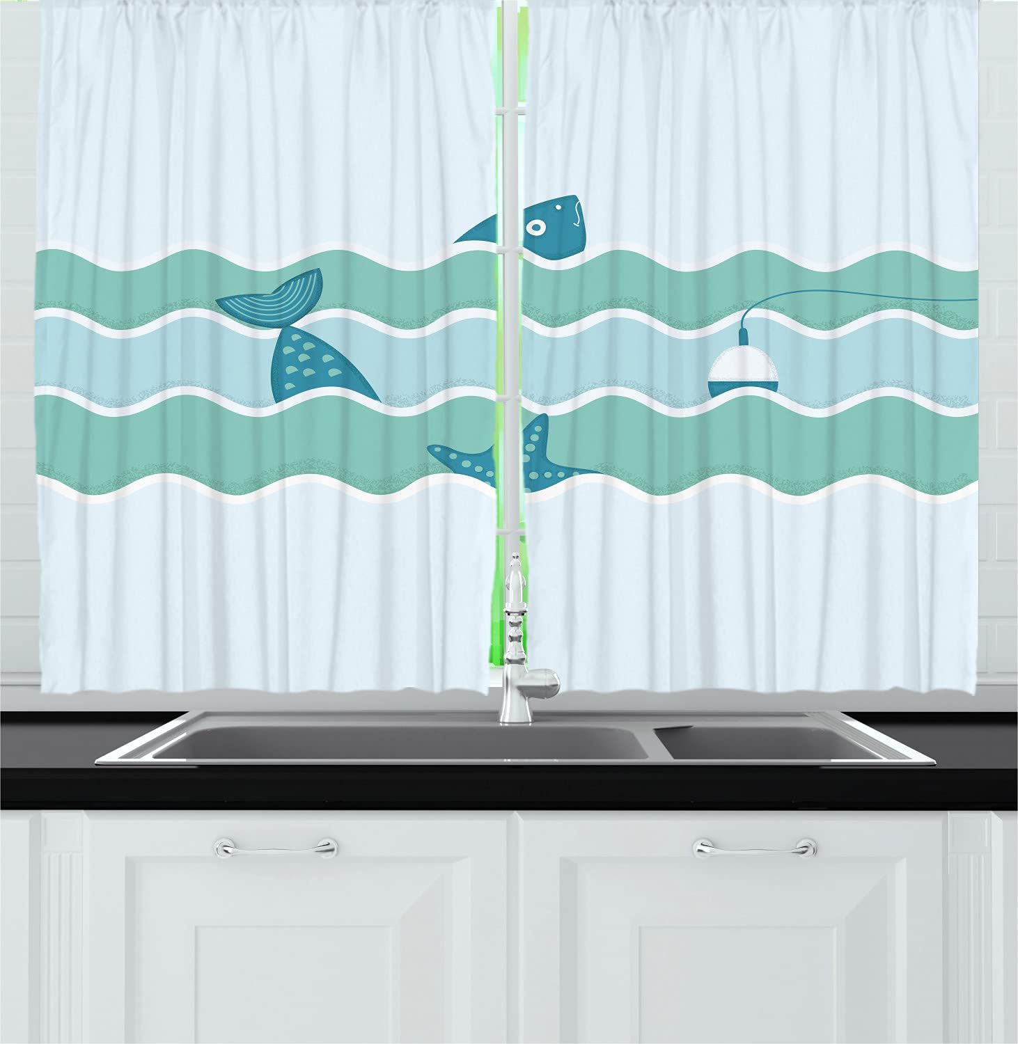 Ambesonne Fishing Themed Kitchen Curtains - Fish Tail & Starfish Ocean Design, 55