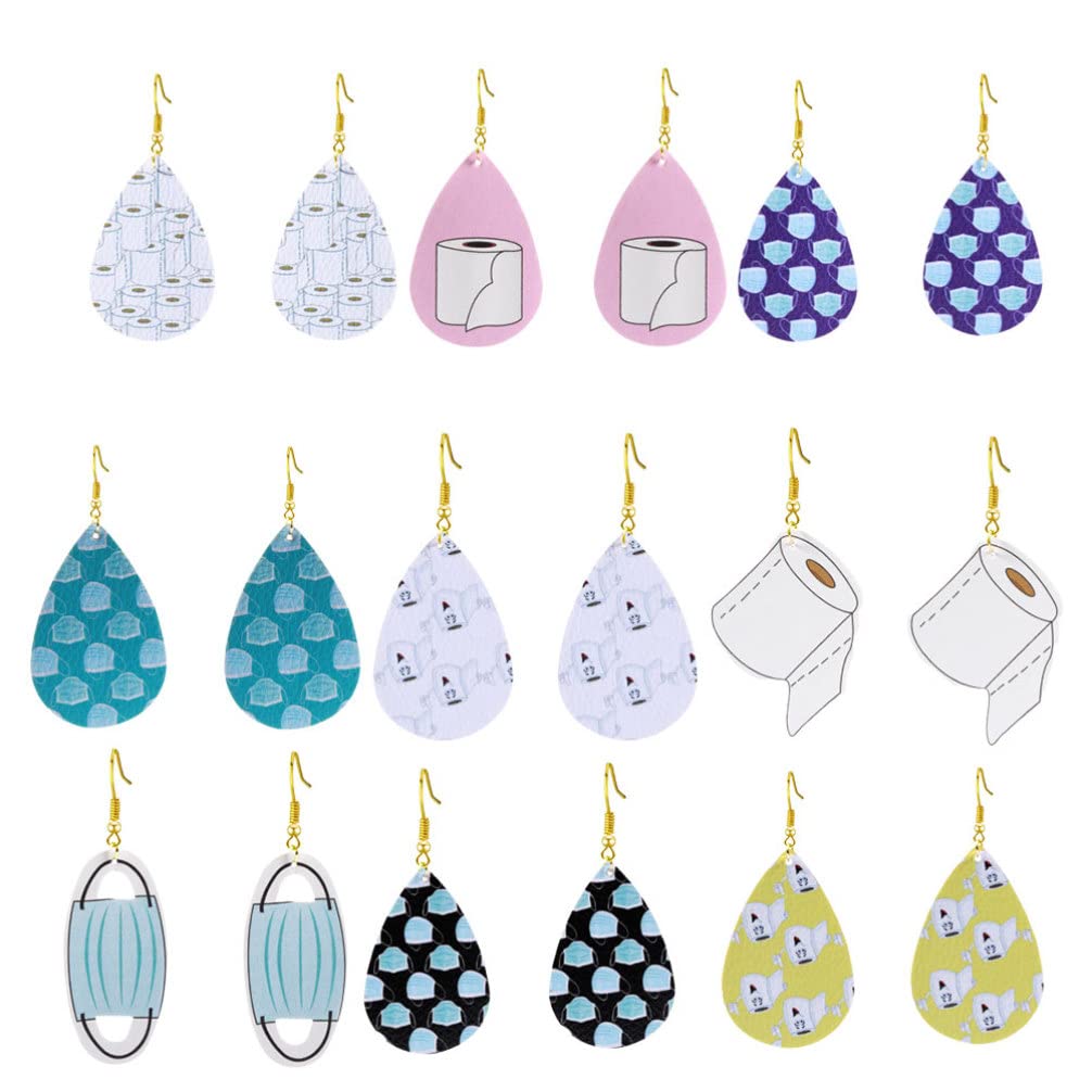 ARTIBETTER 9 Pair Toilet Paper Teardrop Leather Earrings - Lightweight Vintage Dangle Stud Earrings for Women & Girls - Mixed Style Fashion Accessories for Everyday Wear, Parties & Gifts