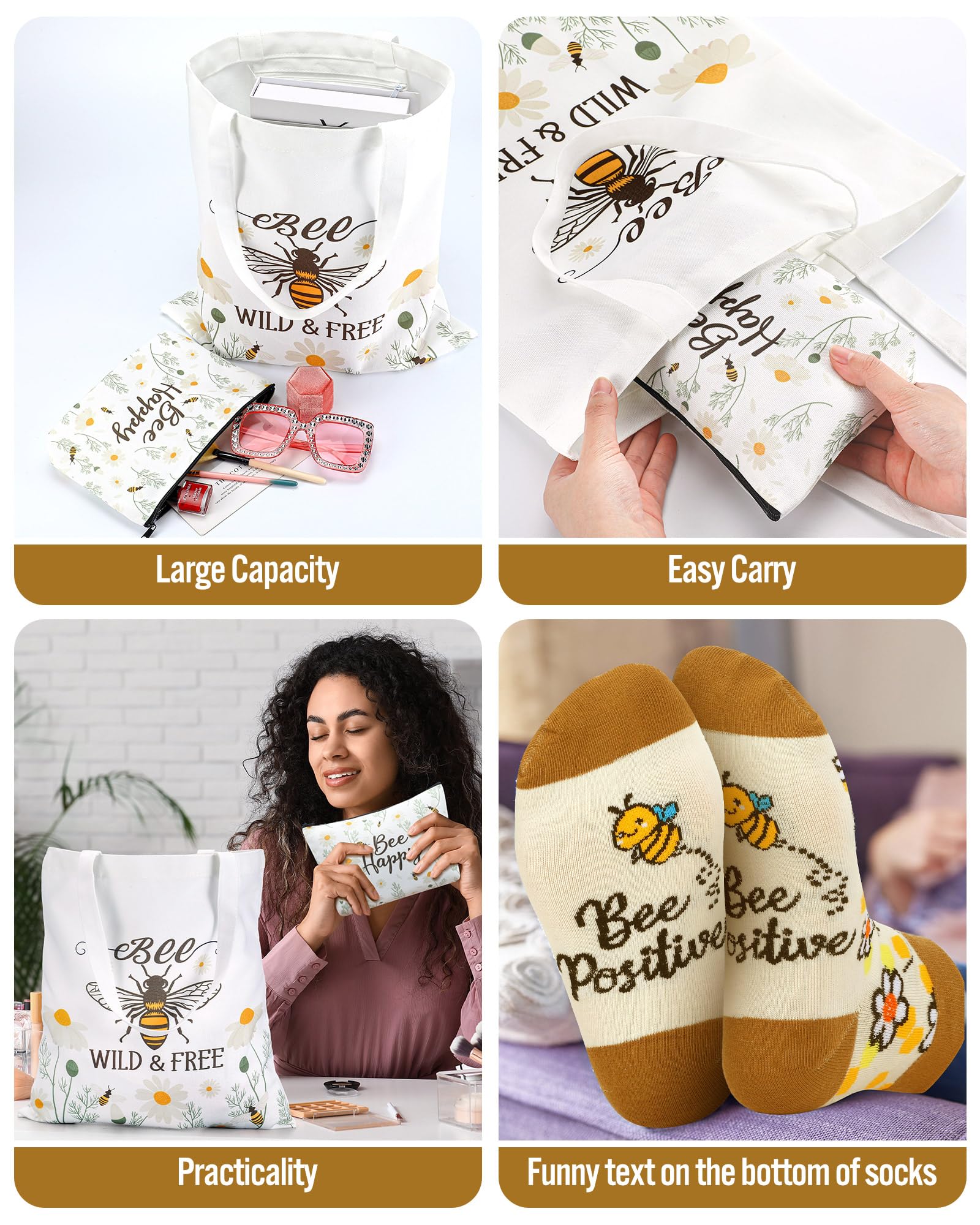 3-Piece Bee-Themed Gift Set for Women - Funny Honeybee Canvas Tote Bag with Zipper, Makeup Pouch & Socks - Perfect for Bee Day, Birthdays, Holidays - Great for Moms, Teachers, Employees, Beekeepers & Nature Lovers - Ideal for Picnics, Gardening & Beekeeping Activities