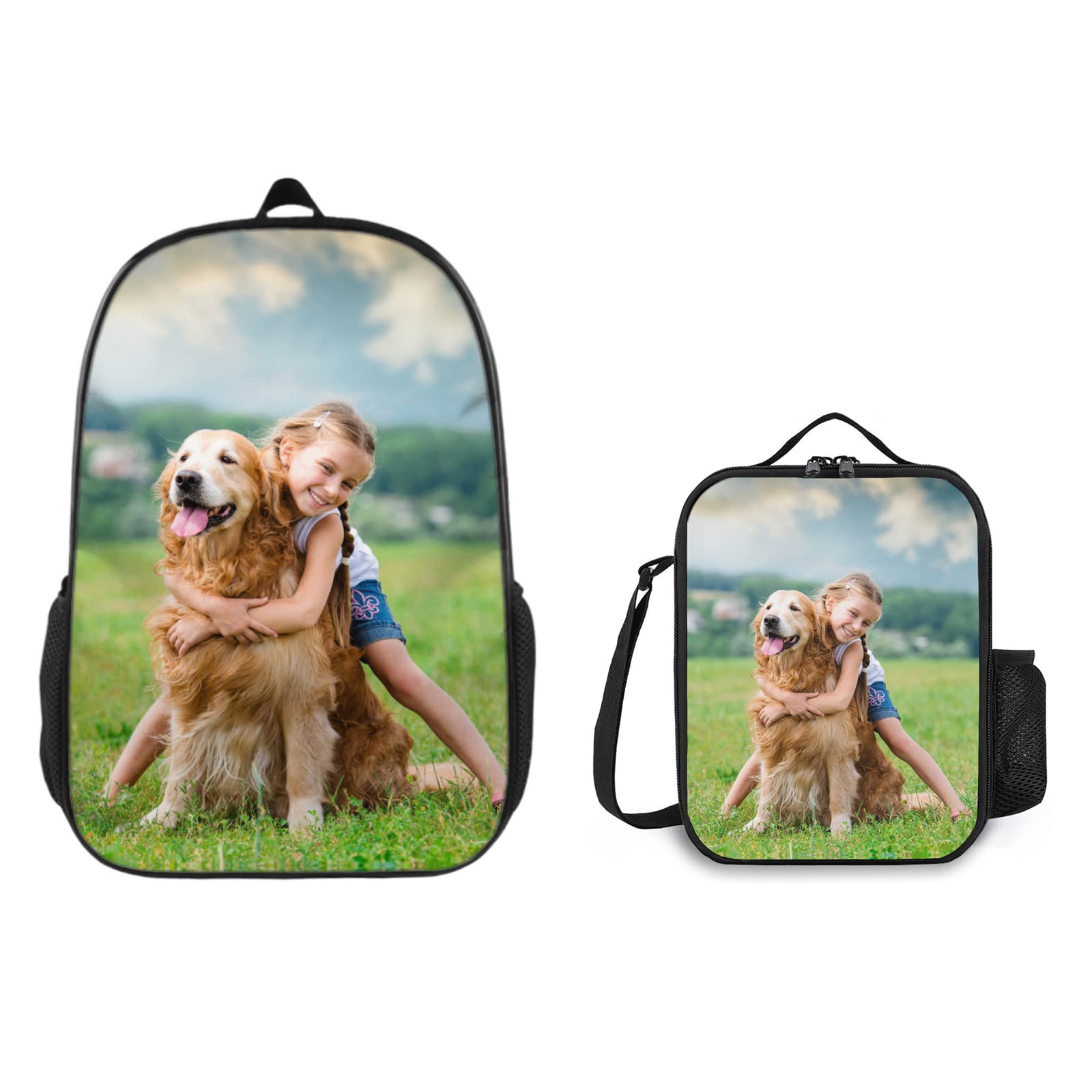 Custom Backpack and Lunch Box Set - Personalized Photo Bookbag with Insulated Lunch Bag for Men & Women - Perfect for School, Work, Travel & Outdoor Activities