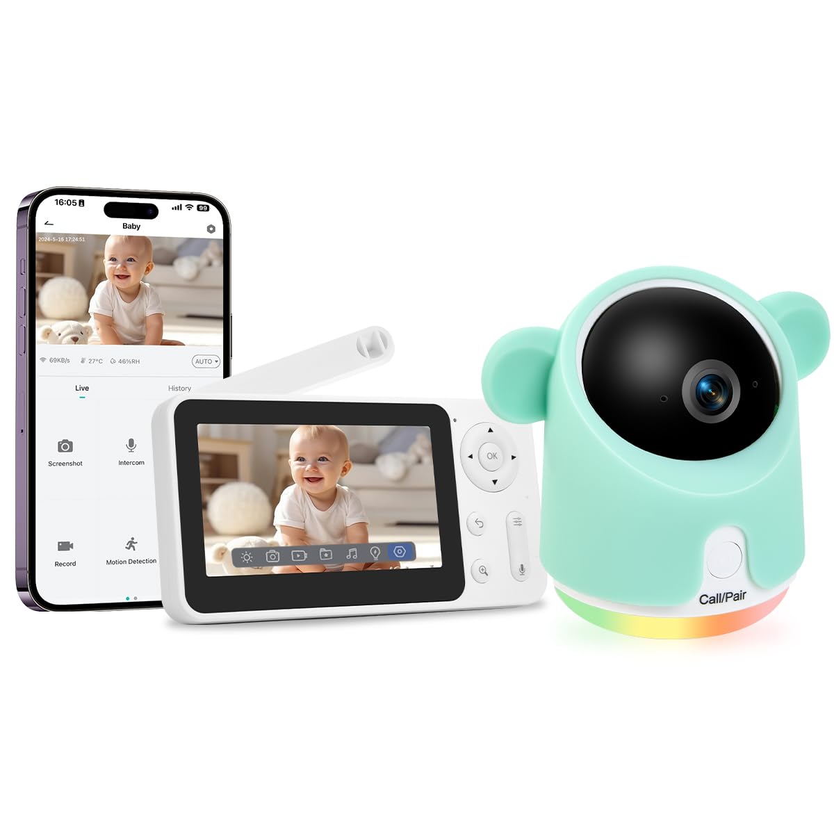**1080P WiFi Baby Monitor with Camera & Audio - Smartphone App Control, Night Vision, 4.3” Screen, 2-Way Talk, Temperature & Humidity Sensor, Lullabies, Motion & Cry Detection for iOS/Android - Perfect for Nursery, Travel & Home Security**