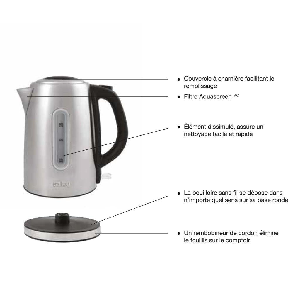 Salton Cordless Electric Kettle 1.7L - Stainless Steel Water Boiler & Tea Heater with Auto Shut-Off, Boil-Dry Protection & Water Level Window - 1500W Fast Heating for Home, Office & Travel (JK1903)