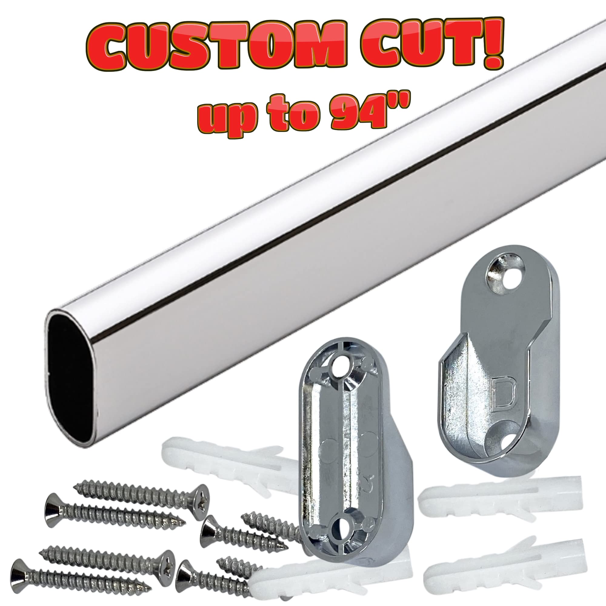 Custom Cut Oval Closet Rod - Adjustable Up to 94 Inches with Screw-on Wall Brackets in Polished Chrome Finish - Perfect for Walk-in Closets, Bedroom Storage, and Wardrobe Organization