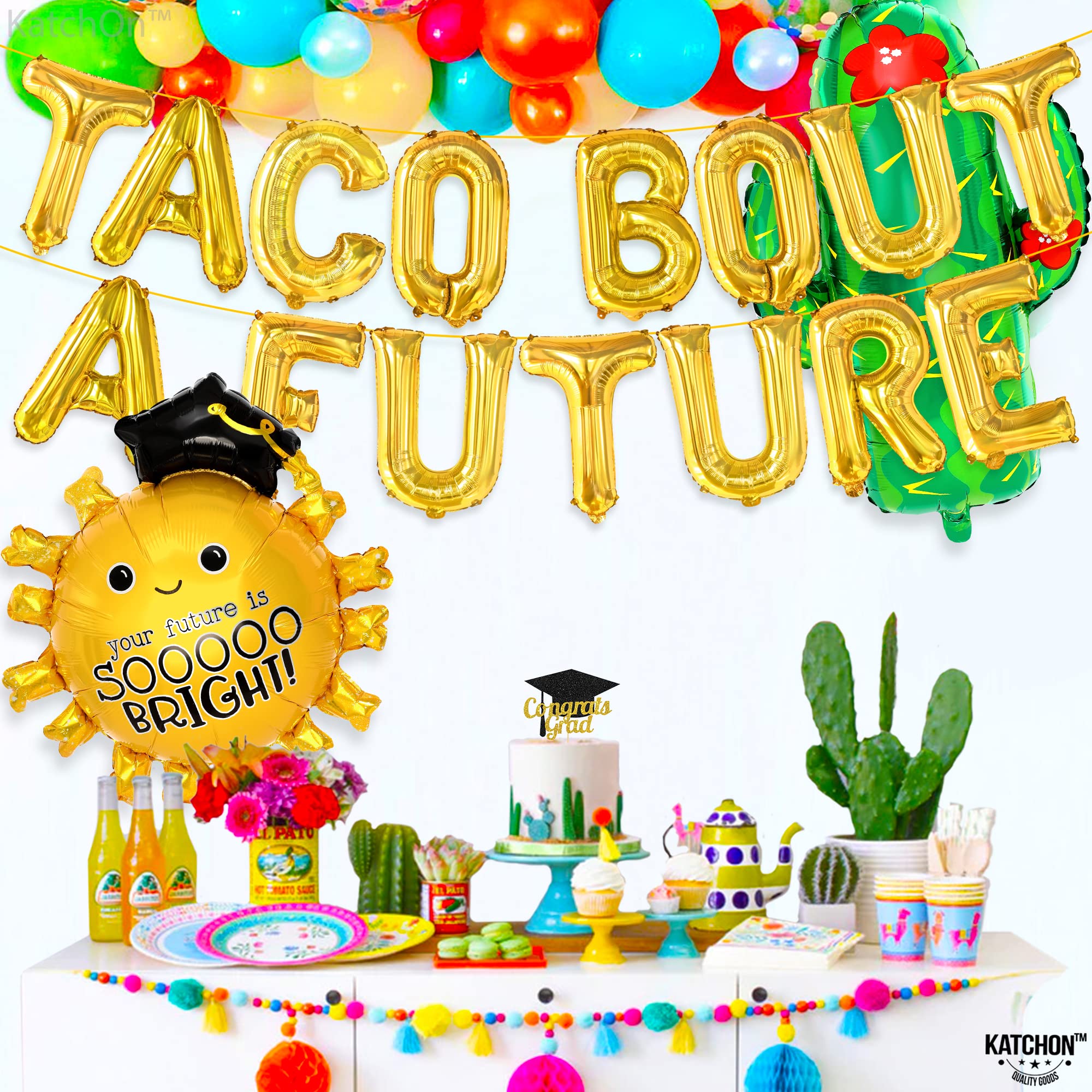 KatchOn Taco Bout a Future Balloons Set - 17-Pack Party Decorations with 29-Inch Cactus & Sun Balloons for Fiesta, Graduation 2025 Celebrations | Perfect for Grad Parties, Mexican-Themed Events & Backyard Decor