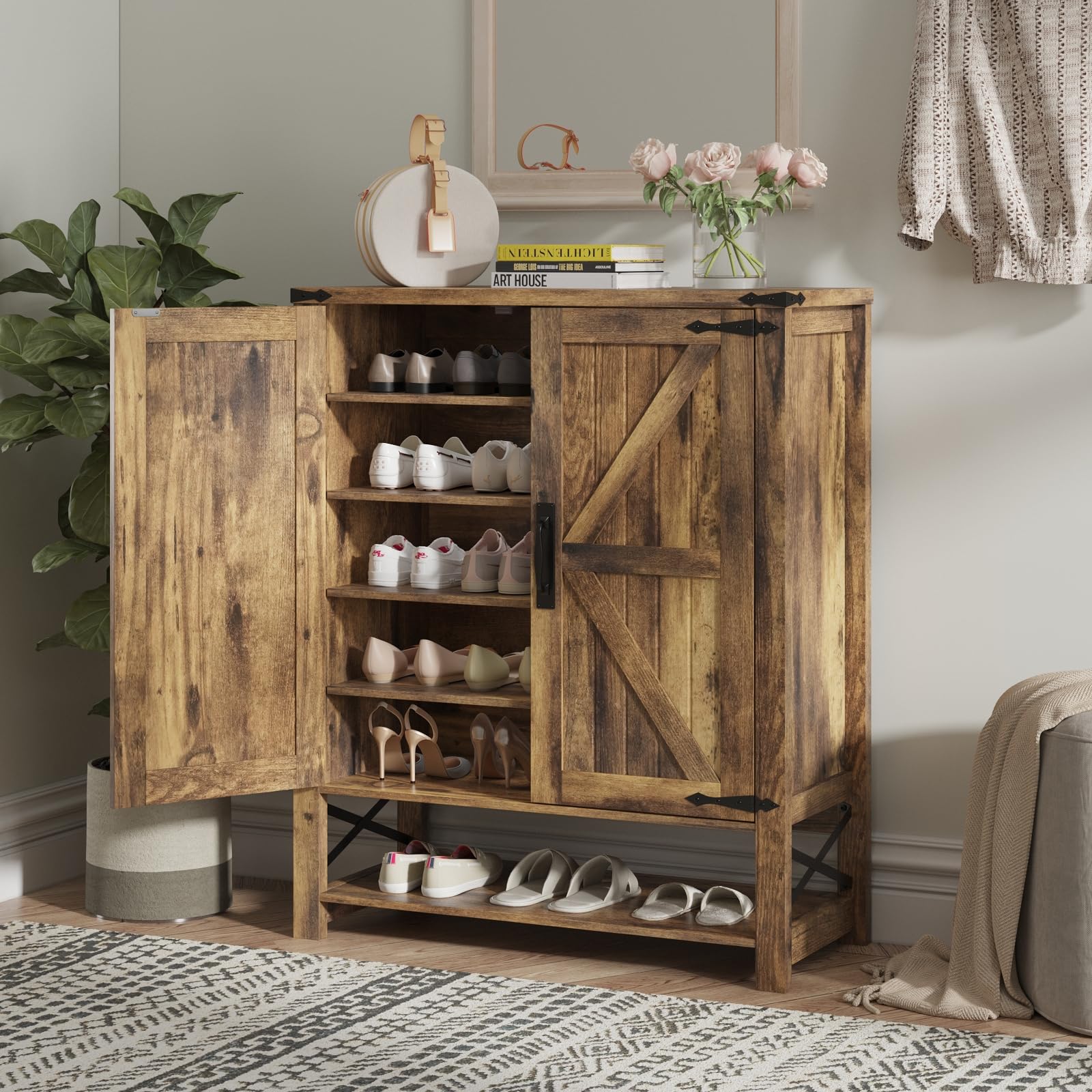 Maupvit 6-Tier Wooden Shoe Cabinet with Doors - Adjustable Shelves Farmhouse Shoe Storage Organizer for Entryway, Hallway, Living Room - Perfect for Small Spaces & Shoe Collection Organization (Brown)