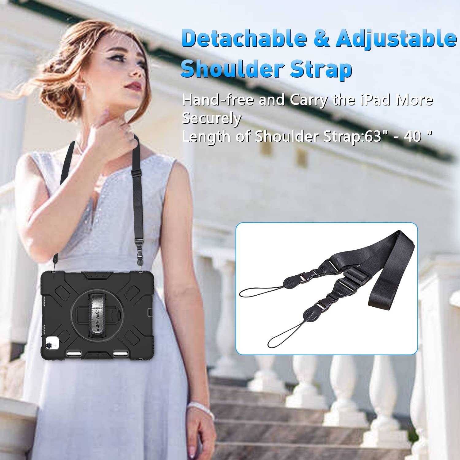 SUPFIVES Military Grade Protective Case for iPad Air 5th Generation 10.9 Inch (2022) & iPad Air 4th Gen/iPad Pro 11 - Shockproof Silicone Cover with Pencil Holder, Rotating Stand, Handle & Shoulder Strap (Black) - Perfect for Travel, Work & School Use