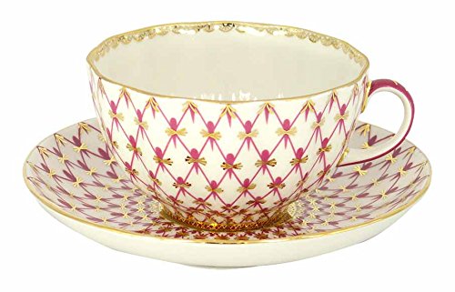 Lomonosov Porcelain Tea Cup and Coffee Cup Set with Saucer - Red Net Blues Design, 8.45 oz (250 ml) - Perfect for Afternoon Tea, Coffee Breaks & Gift Giving