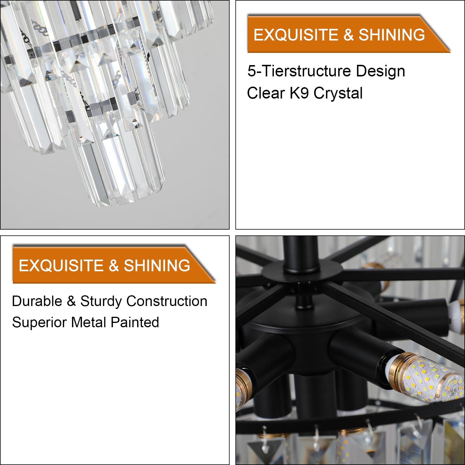 Modern Black Large Crystal Chandelier - Elegant Lighting Fixture for Dining Room, Living Room & Bedroom | Bulbs Not Included | Perfect for Weddings, Luxury Homes & Interior Decor