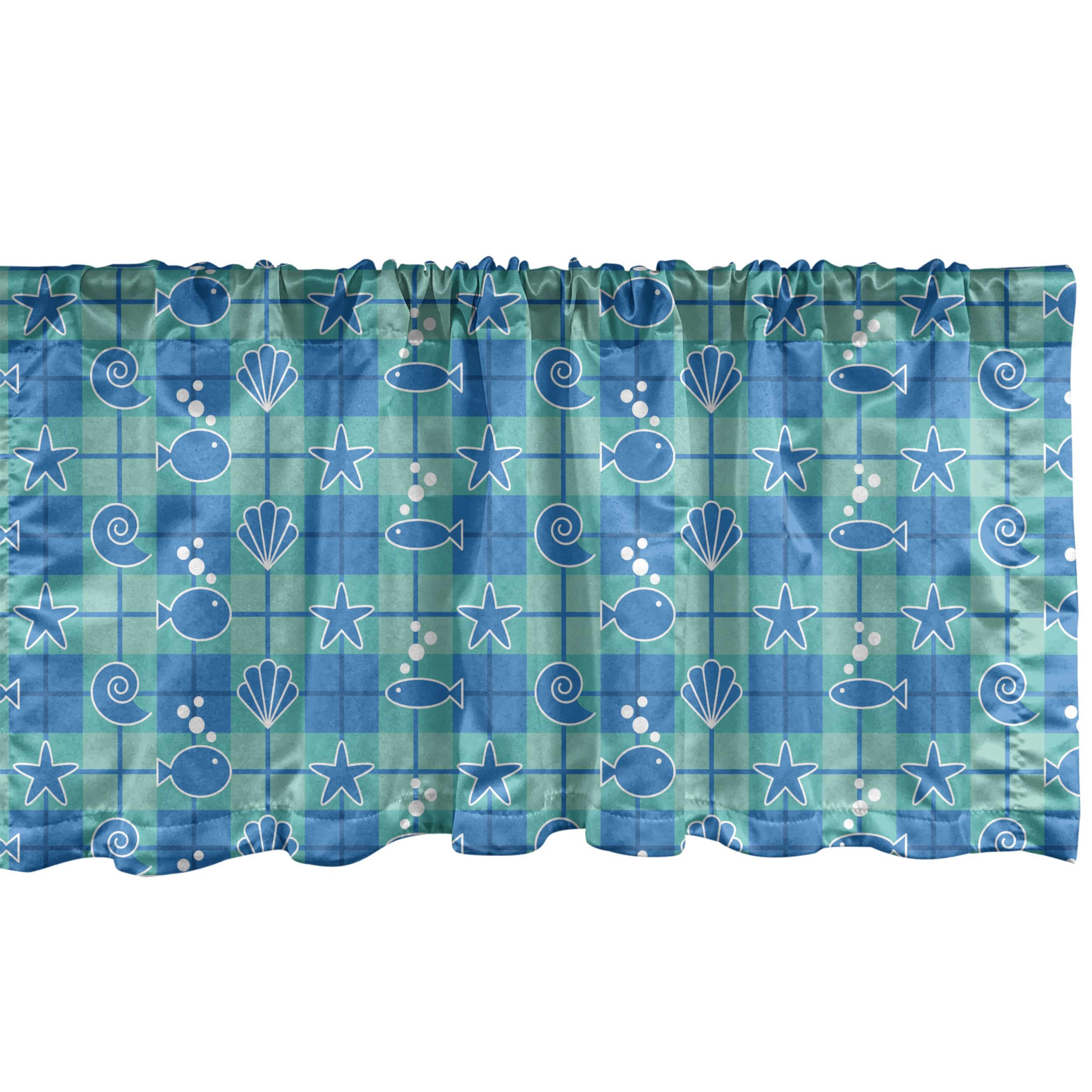Ambesonne Sea Shells Window Valance - Plaid Pattern with Cartoon Marine Silhouettes of Fish, Starfish & Bubbles - 54x18 Inch Kitchen & Bedroom Curtain Valance with Rod Pocket in Mint Green, Blue & White - Perfect for Coastal, Beach House or Nautical Theme Decor