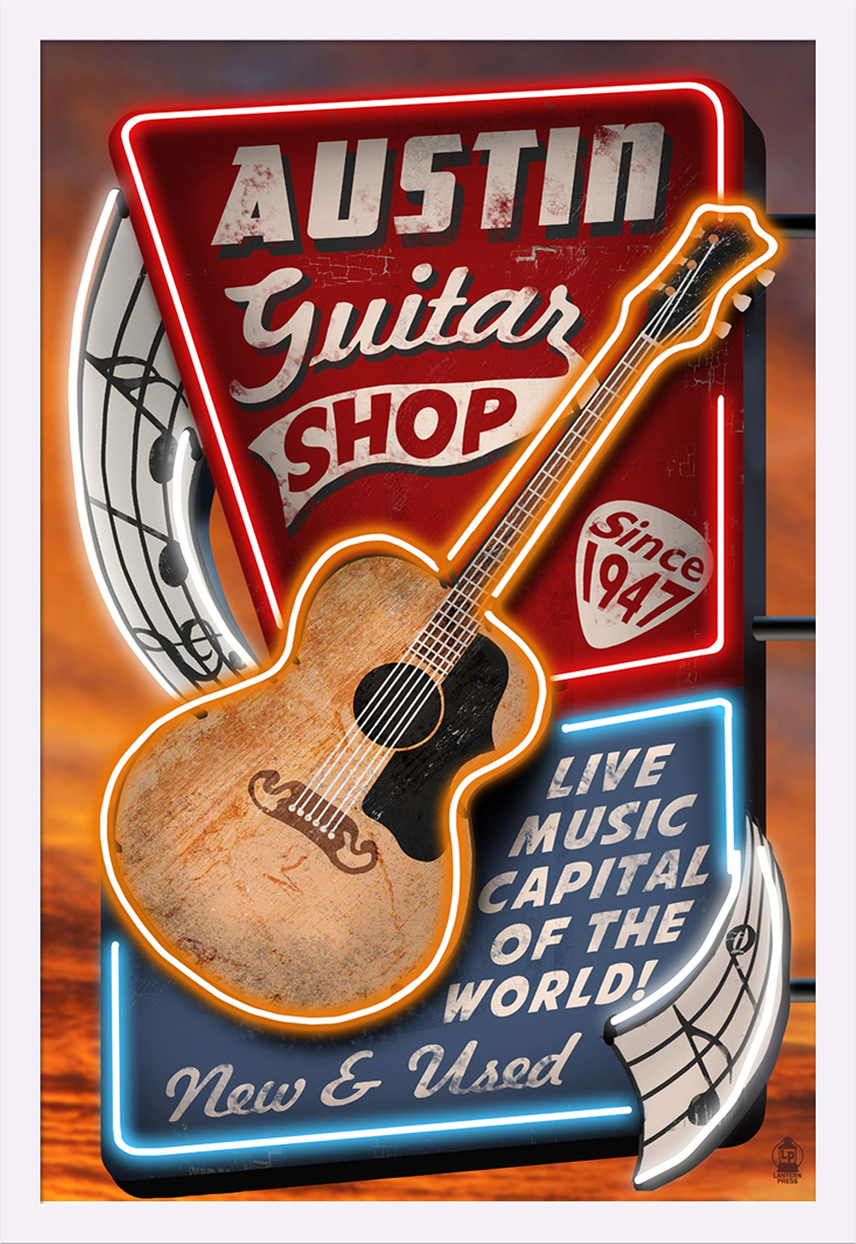 Vintage Austin Texas Guitar Shop Sign - 24x36 Giclee Art Print with White Wood Gallery Frame - Perfect for Music Room Decor, Man Cave Wall Art & Retro Bar Signage