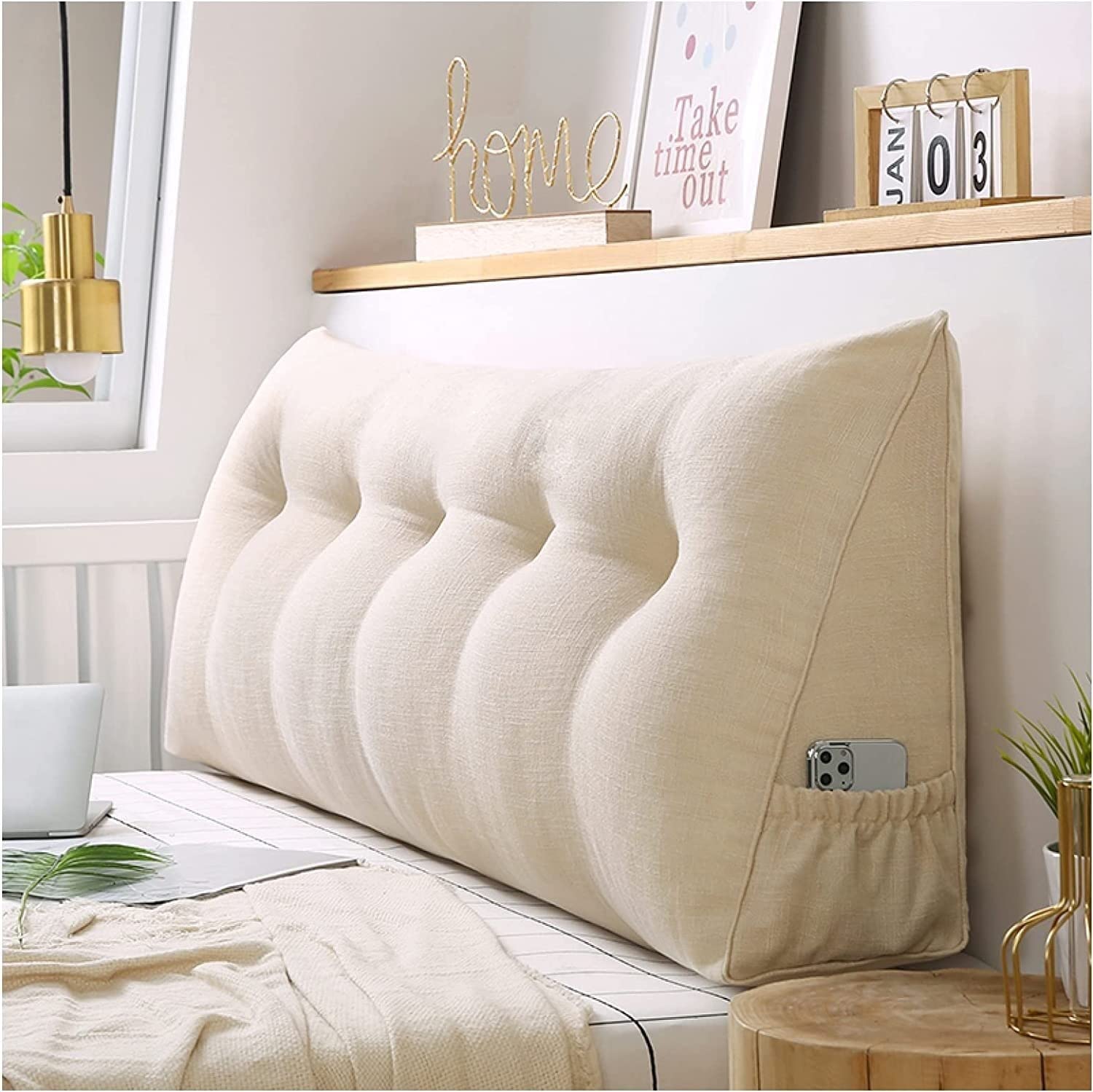 Beige Wedge Pillow for Headboard & Back Support - 59x20x8in Triangular Body Pillow with Removable Cover - Decorative Lumbar Cushion for Sofa, Bed, Reading & Relaxation (Home & Office Use)