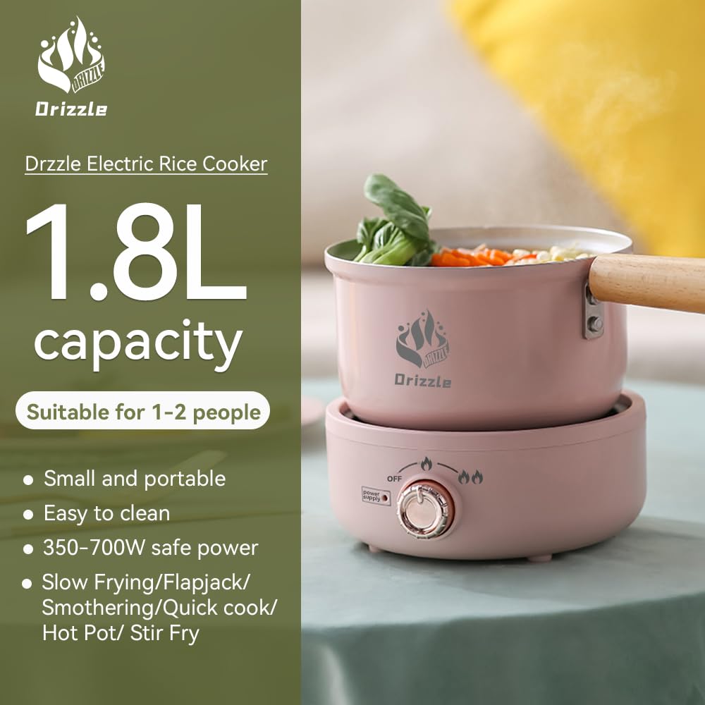 Drizzle Electric Hot Pot Cooker 1.8L - Portable Skillet Grill & Steamer for Dorm, Office, Travel - Perfect for Cooking Ramen, Noodles, Steak, Eggs, Pasta & Oatmeal - Ideal for Small Spaces & Quick Meals