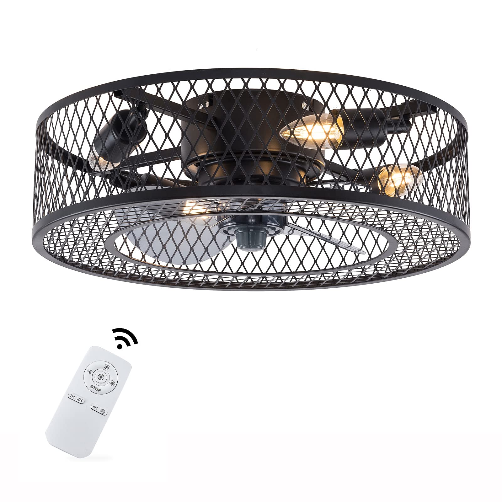 Black Metal Cage Ceiling Fan with Lights - Remote Control, 3 Adjustable Wind Speeds, Timer & Flush Mount - Modern Chandelier Style for Living Room, Bedroom & Dining Room