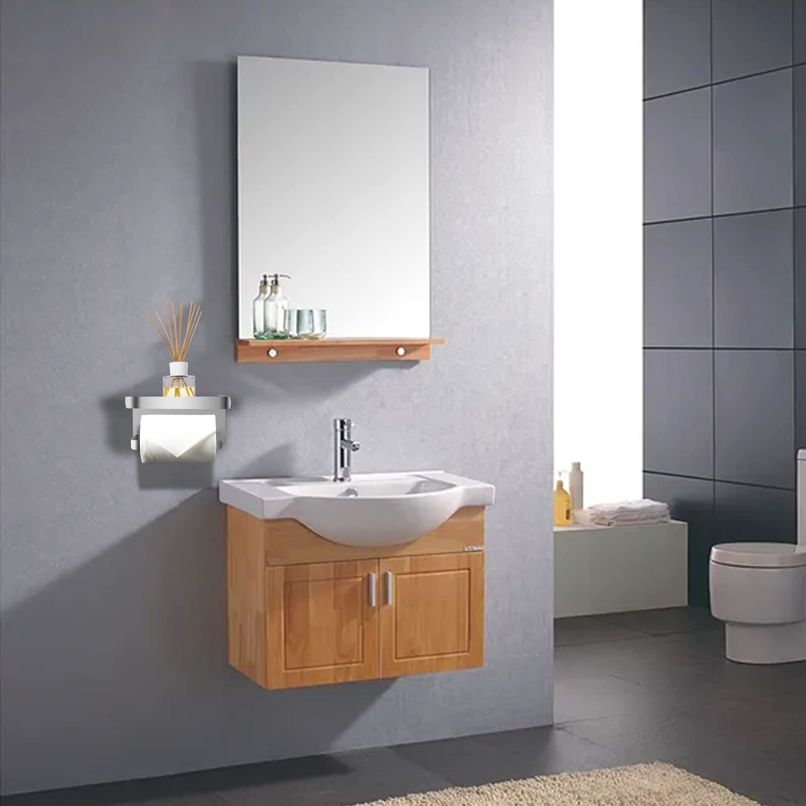 Brushed Nickel Toilet Paper Holder with Shelf - SUS 304 Stainless Steel Adhesive Bathroom Tissue Roll Holder - Modern Space-Saving Design for Small Bathrooms, RVs & Apartments